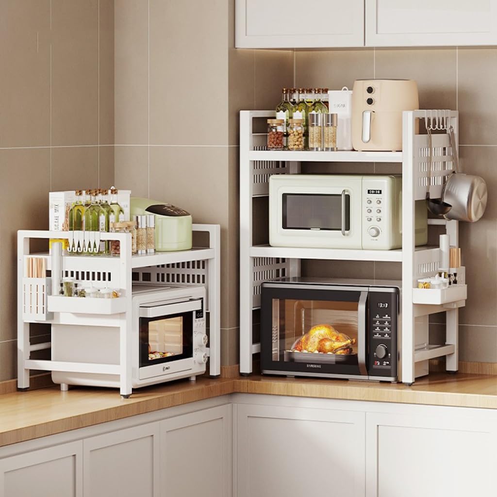 FLTRGO 3-Tier Extendable Microwave Oven Rack - Adjustable Heavy Duty Metal Pantry Shelf with Spice Organizer, Paper Towel Holder & 6 Hooks - Space Saving Kitchen Organizer for Home, Office or Dorm Countertop - Perfect for Small Spaces, Microwave Storage & Kitchen Organization