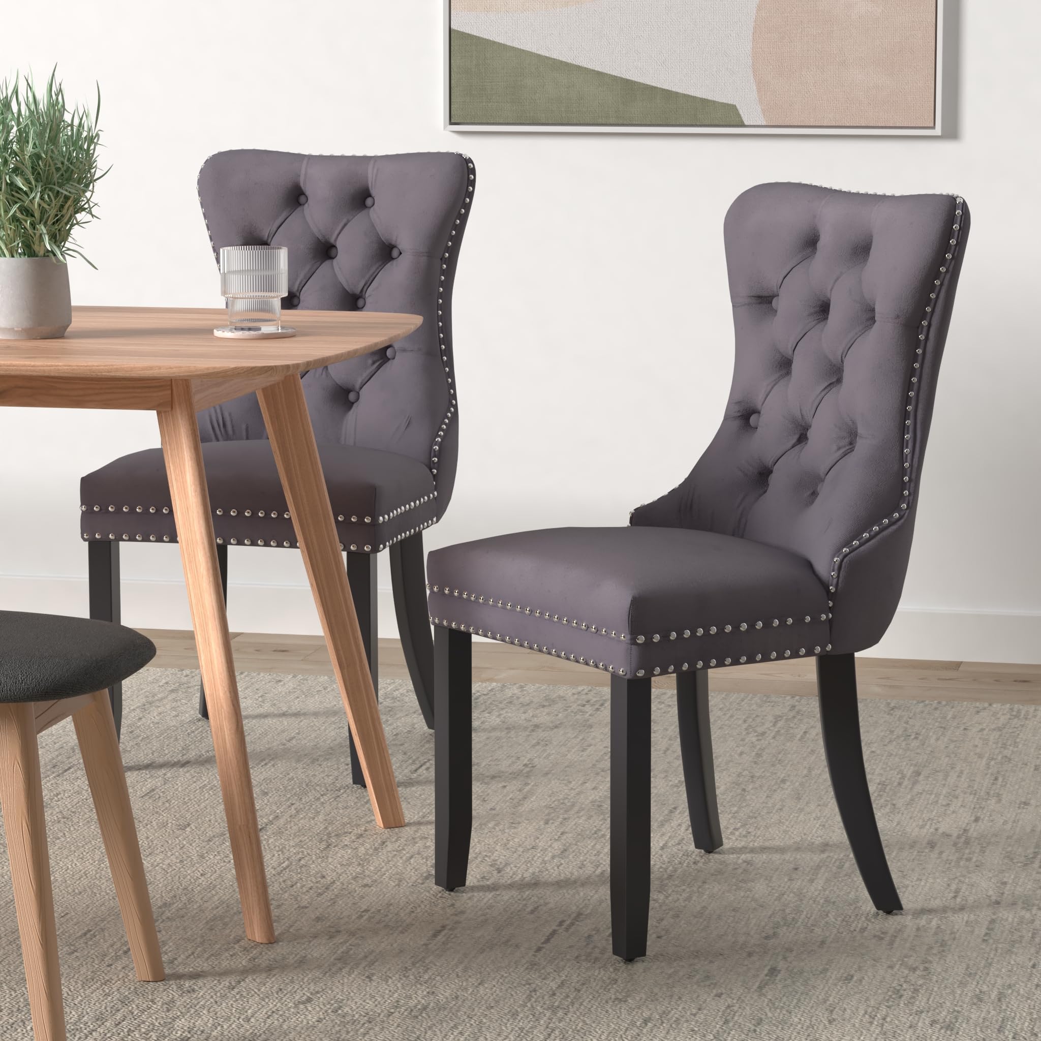 Luxury Velvet Dining Chairs Set of 2 - Tufted Button Back Upholstered Chairs with Nailhead Trim for Kitchen, Bedroom, Restaurant - Elegant Grey Accent Seating for Modern Home Decor & Fine Dining Experience