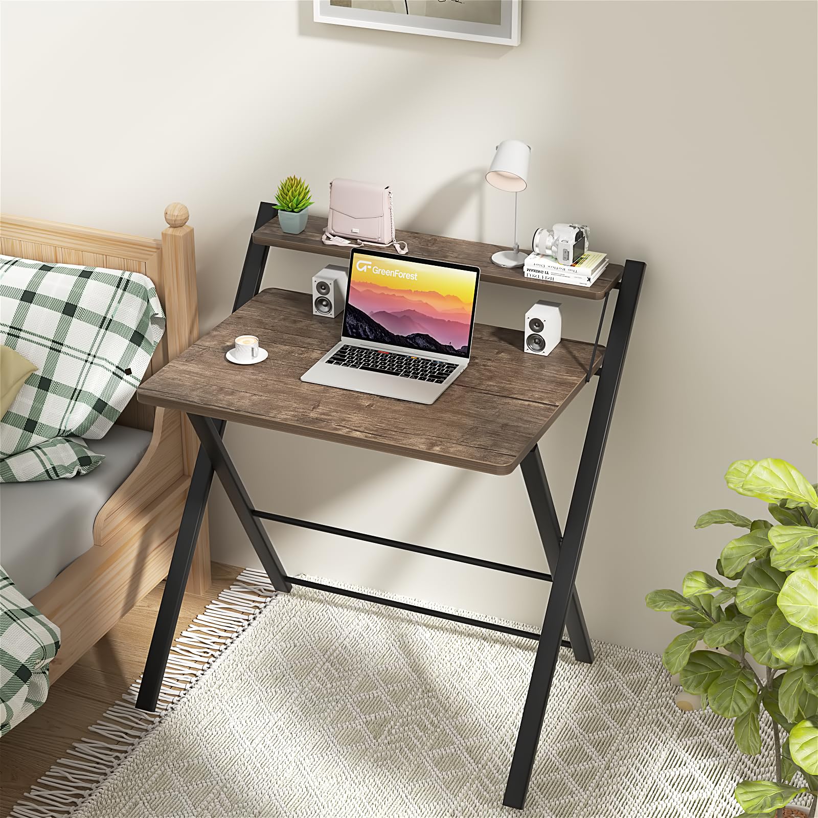 GreenForest Folding Computer Desk - No Assembly Required, 2-Tier Design with Shelf, Space-Saving Small Foldable Desk (32 x 24.5 inches, Brown) - Perfect for Home Office, Dorm Room & Small Spaces