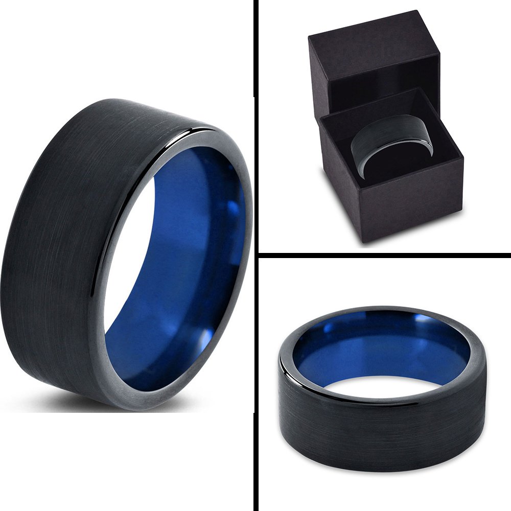 Tungsten Carbide Wedding Band Ring 10mm for Men & Women - Blue Black Interior, Flat Cut, Brushed & Polished Finish - Personalized Custom Engraving - Anniversary, Engagement & Wedding Gift - Perfect for Everyday Wear & Special Occasions