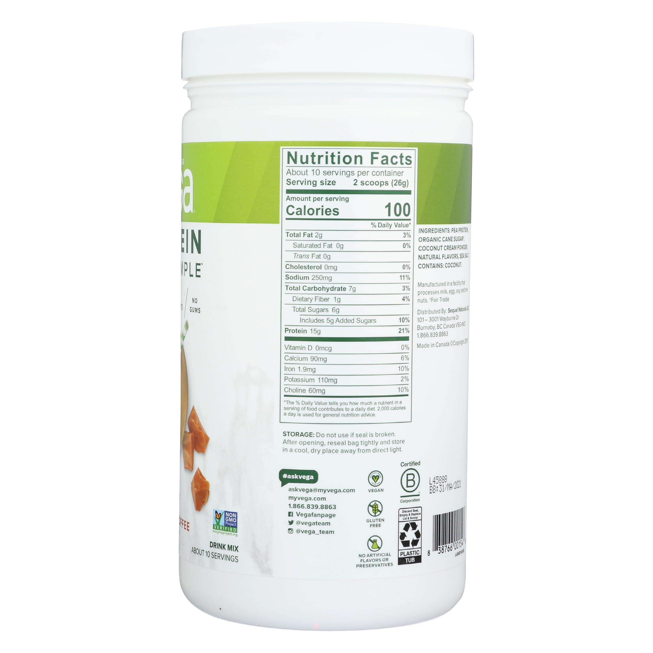 Vega Protein Powder - Caramel Toffee Flavor | Stevia-Free Vegan Protein Supplement | Plant-Based, Gluten-Free Pea Protein for Men & Women | 9.1 oz (Packaging May Vary) | Perfect for Post-Workout Recovery & Healthy Smoothies