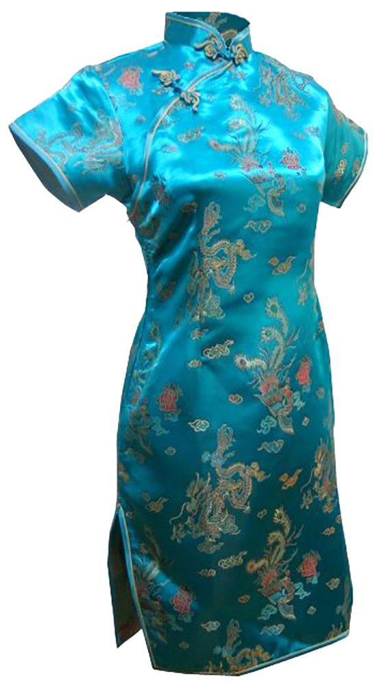 7Fairy Women's Vintage Turquoise Dragon Print Mini Cheongsam Dress - Elegant Chinese Qipao for Prom, Party & Special Occasions