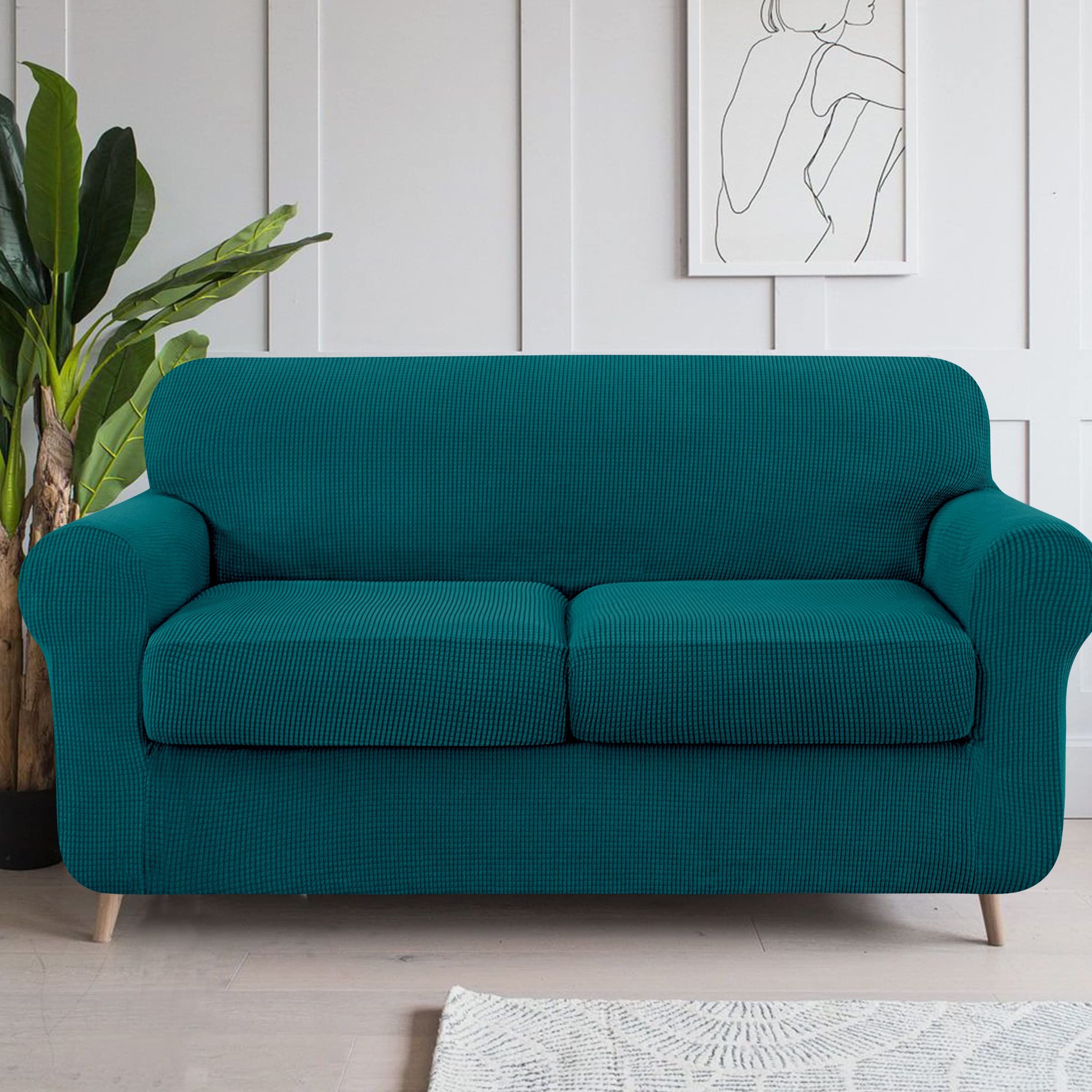 SUBRTEX Sofa Slipcover with Separate Cushion Covers - Stretchable 2/3 Seater Couch Protector for Pets & Kids (Medium/Large, Turquoise) - Perfect for Living Room Furniture Protection & Home Decor