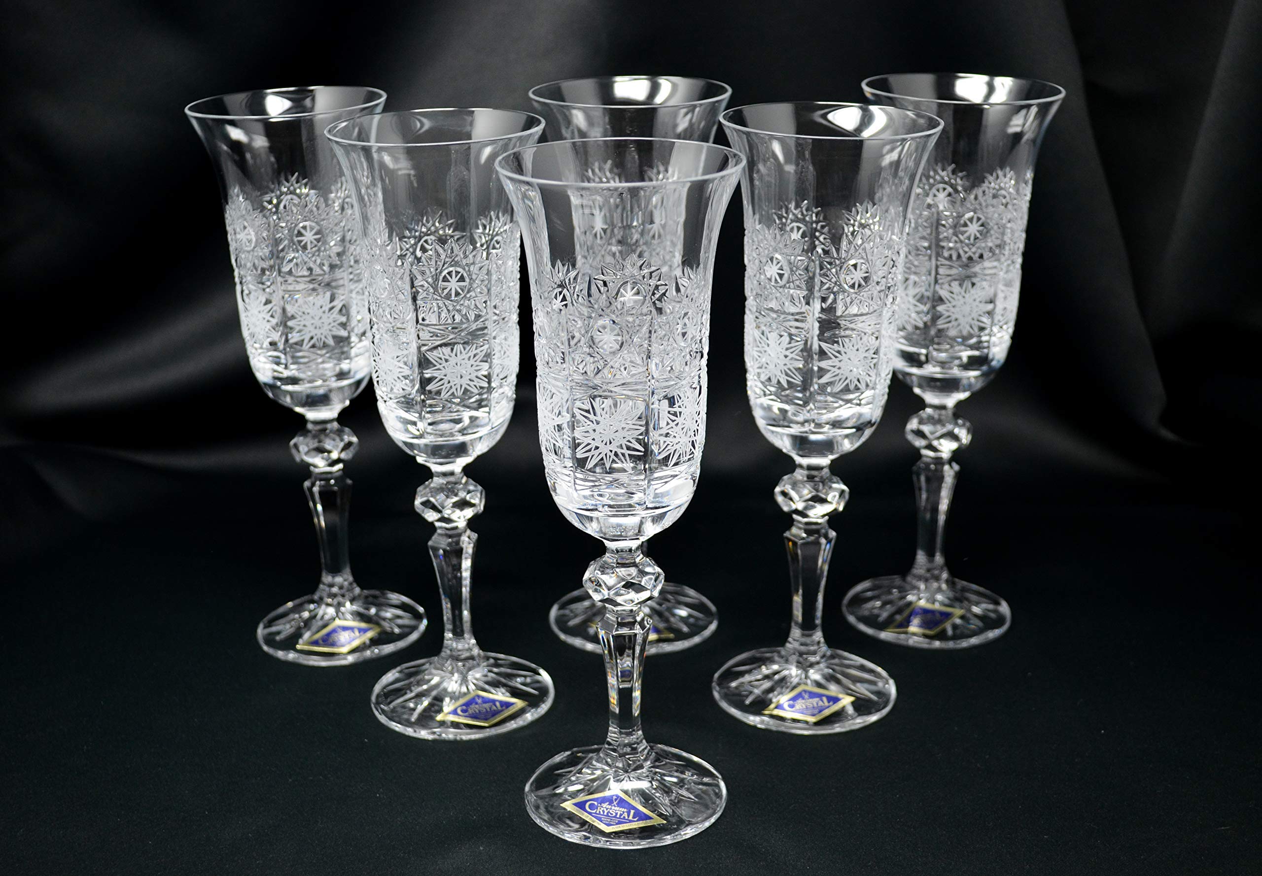 Premium 6-Piece Czech Champagne Flutes Set - 5oz Hand-Cut Bohemian Crystal Glassware for Weddings, Anniversaries & Special Occasions - Elegant Wine & Water Goblets - Luxury Wedding Decor & Gift Idea