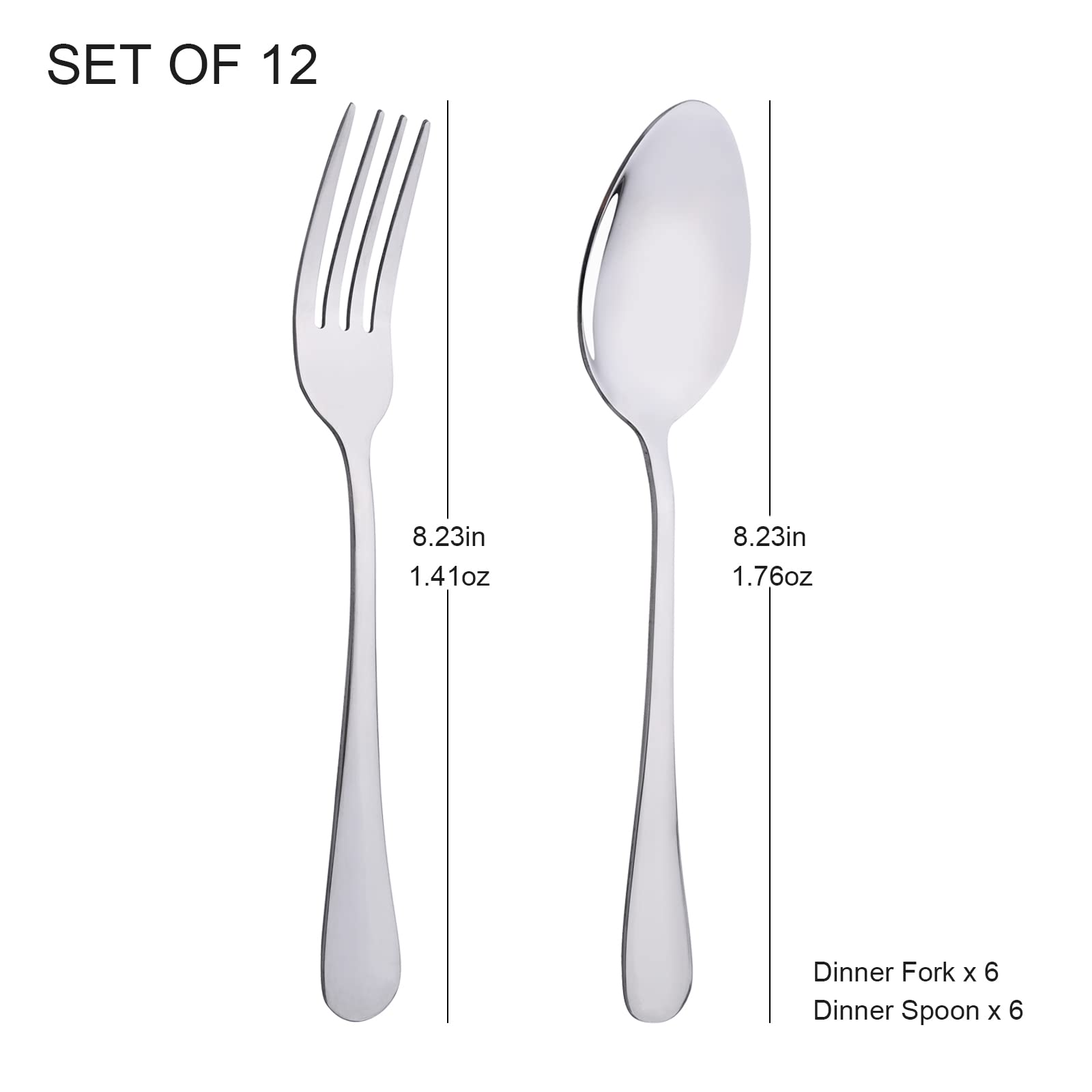 Premium 12-Piece Stainless Steel Flatware Set - 6 Forks & 6 Spoons (8 Inch Each) - Mirror Polished Silverware for Dining, Dishwasher Safe - Perfect for Dinner Parties, Restaurants & Everyday Use