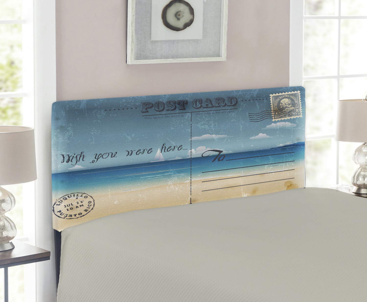 Ambesonne Vintage Travel Print Headboard - Tropical Summer Design on Card Stamp Backdrop, Upholstered Decorative Metal Bed Frame with Memory Foam - Twin Size in Sand Brown & Teal - Perfect for Beach House, Guest Room or Boho Bedroom Decor
