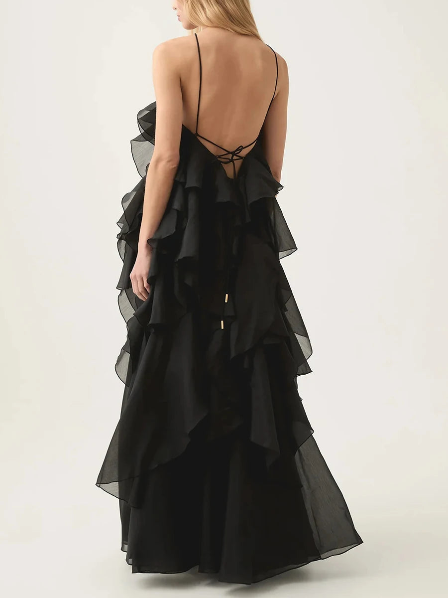 Women's Backless Slimming Patchwork Ruffles Dress - Sleeveless High Waist Elegant Camisole Dress for Summer Parties, Date Nights & Beach Vacations | Fashionable Female Bodycon Dress