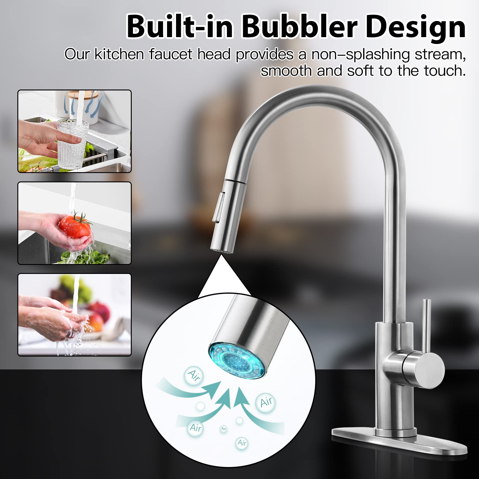 Brushed Nickel Kitchen Faucet with Pull-Down Sprayer - Single Handle Stainless Steel Sink Faucet for Modern Kitchens | Perfect for Home Renovation & Daily Cooking Use