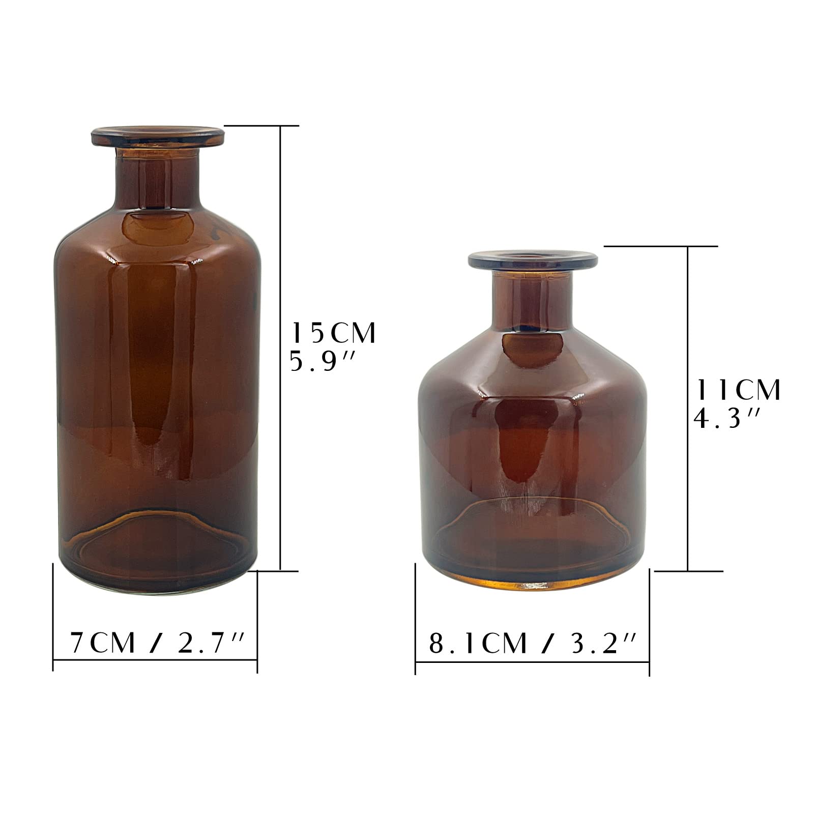 WDHODEC Set of 4 Amber Glass Bud Vases - Small Floral Centerpiece Vases for Weddings, Parties & Home Decor | Mini Apothecary Jars for Flowers, Table Arrangements & DIY Floral Displays