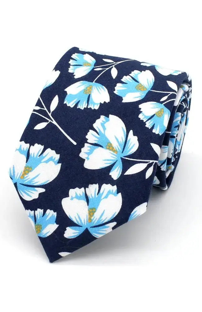 L.A. Smith Premium Silk Tie and Pocket Square Set - Navy Blue with Large Floral Pattern - Perfect for Weddings, Business Meetings & Formal Events