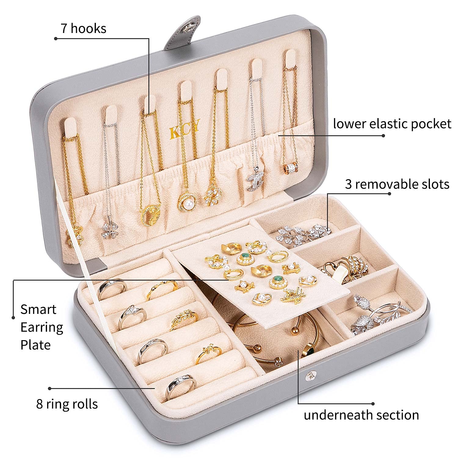 KCY Women's Travel Jewelry Organizer Box - PU Leather Portable Jewelry Case for Earrings, Necklaces, Rings & Bracelets - Compact Jewelry Storage Display Holder - Perfect Gift for Women & Girls (Grey) - Ideal for Travel, Home Organization & Daily Jewelry Protection