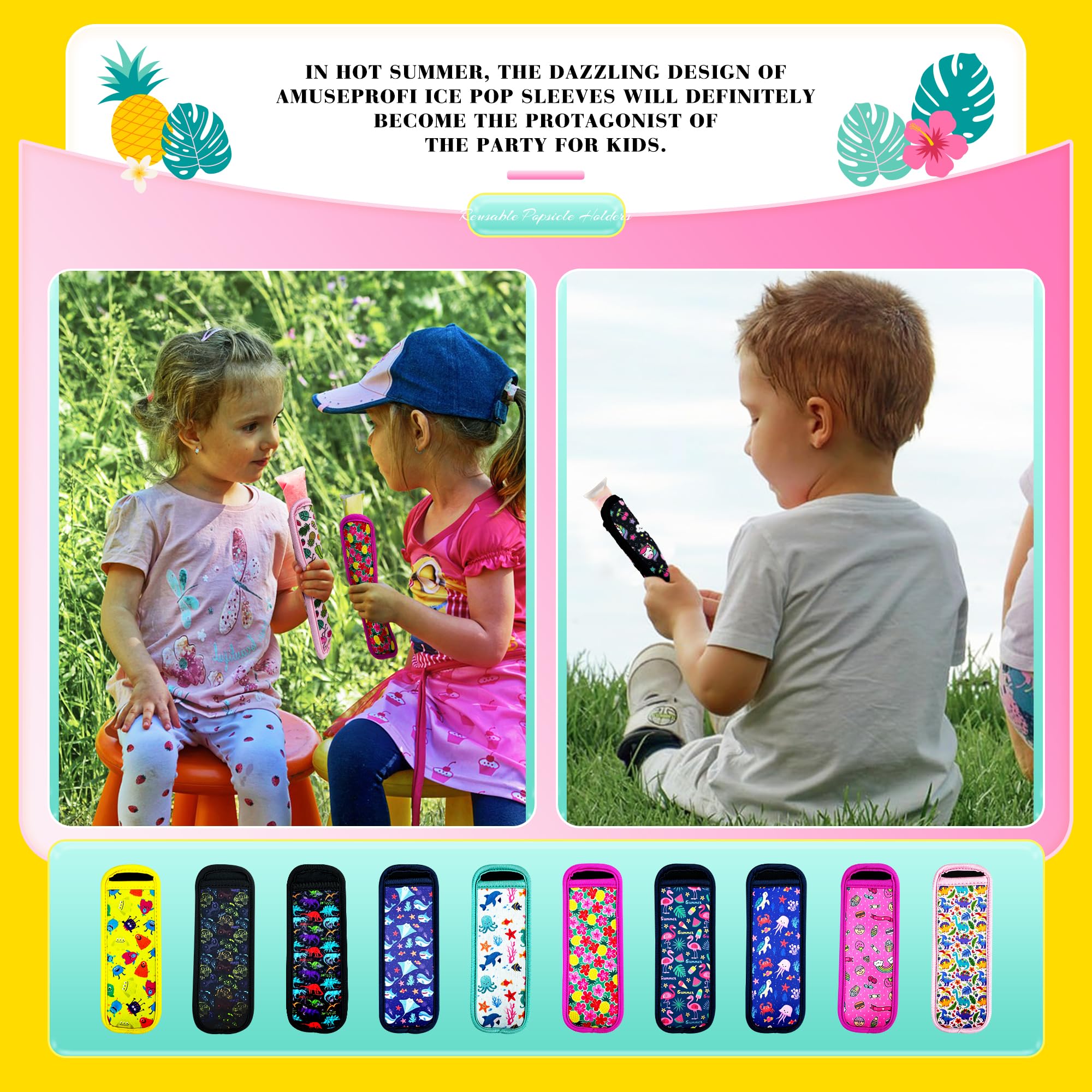 10 Pack Reusable Popsicle Holders - Neoprene Ice Pop Sleeves for Freezer Protection, Anti-Freeze Washable Ice Pop Covers - Perfect for Summer Treats, Kids Snacks & DIY Frozen Desserts