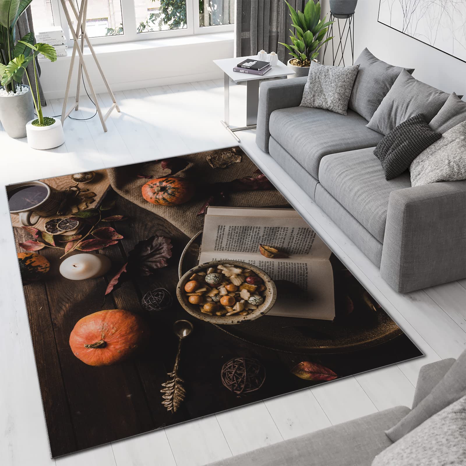 Fall Leaves Book Candle Pumpkin Spoon Area Rug - Classic Durable Water-Resistant Quick-Drying Non-Slip Living Room Rug 3x5ft - Perfect for Cozy Autumn Decor in Bedroom, Study or Dining Room