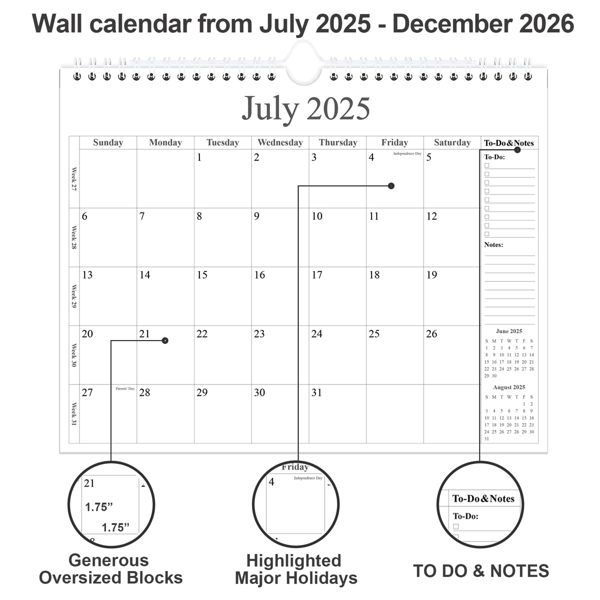 2025-2026 Wall Calendar | 18-Month Planner (July 2025-December 2026) | Premium Thick Paper, Durable Twin-Wire Binding & Hanging Hook | 12
