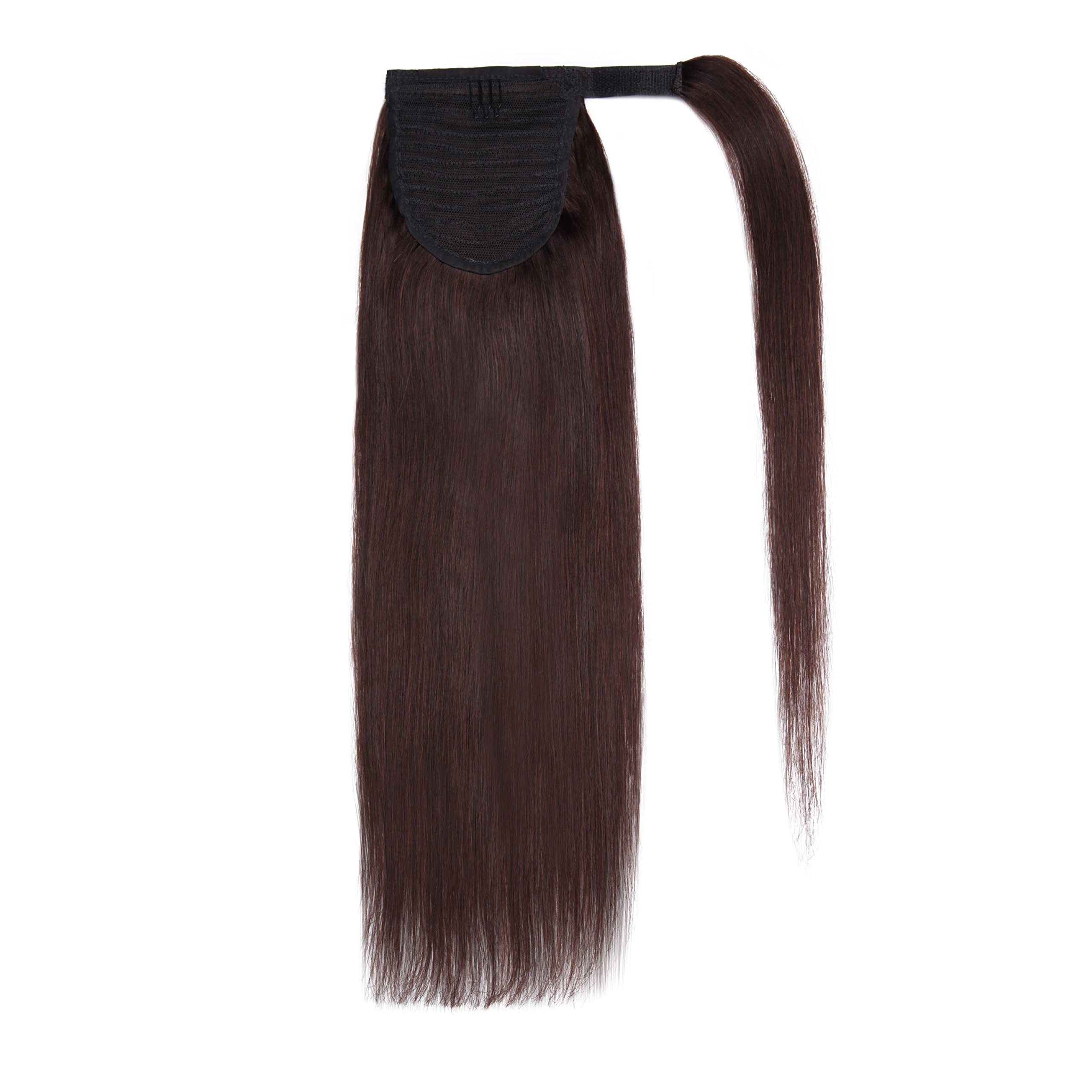 20 Inch Dark Brown Human Hair Ponytail Extensions for Women - Straight Clip-in Ponytail with Comb & Magic Paste Binding | Perfect for Parties, Weddings & Everyday Styling | #2 Hair Color