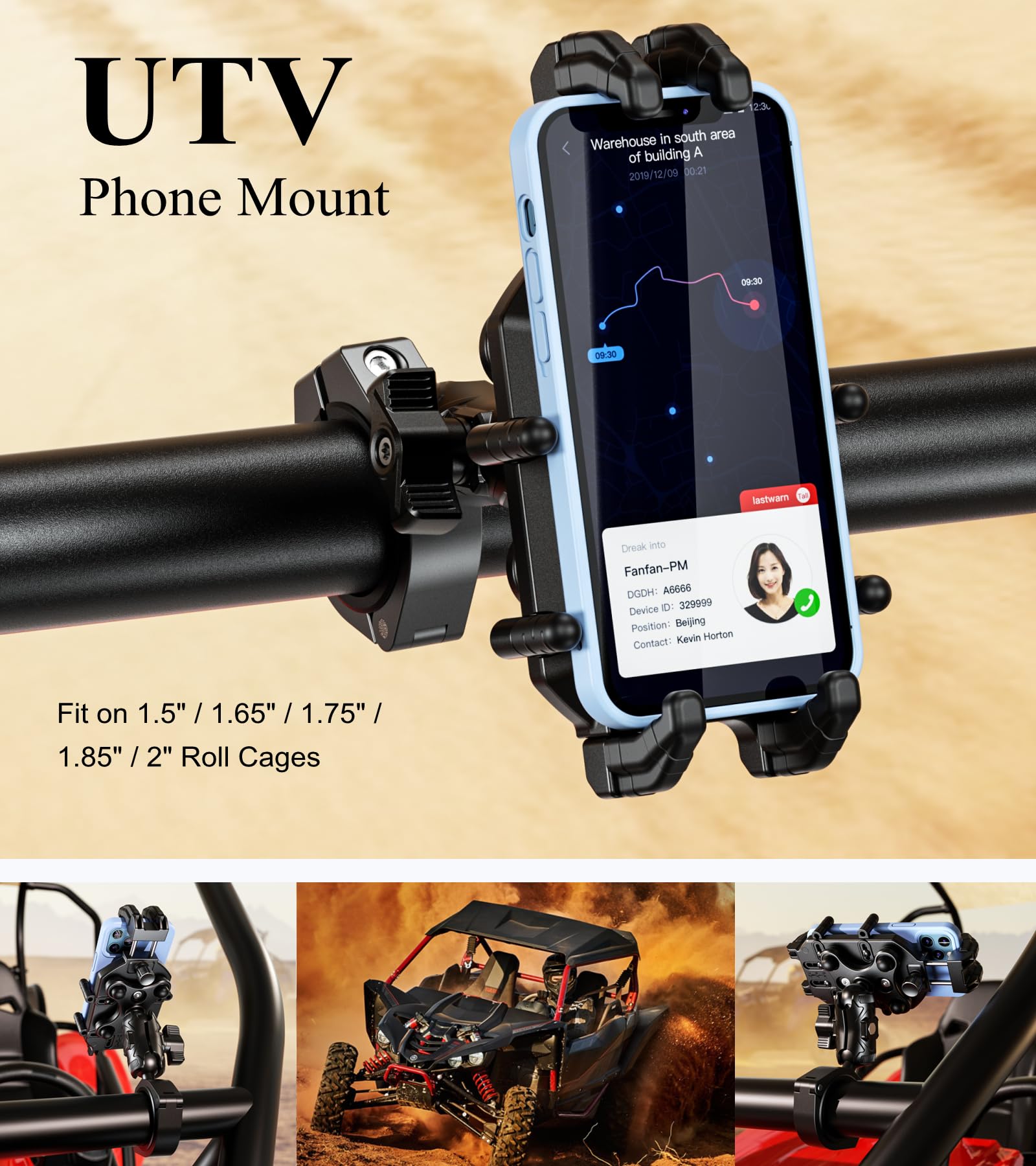 BRCOVAN Heavy Duty UTV Phone Mount with Vibration Dampener - Adjustable Anti-Theft Phone Holder for 1.5'' to 2'' Roll Cage Bars, Fits 5.4''-7.2'' Smartphones - Secure Lock for Off-Road, ATV, Motorcycle & Truck Use