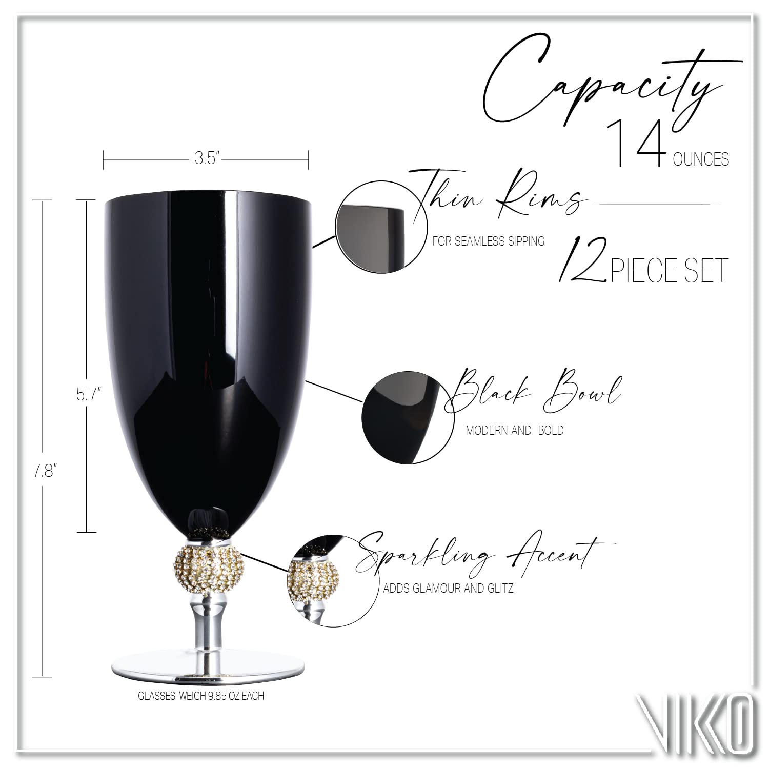 Vikko Décor Black and Silver Goblets Set of 12 - 18oz Large Elegant Wine Glasses with Diamante Accents - Thick Durable Dishwasher Safe Glass - 7.8” Tall x 3.5” Wide - Perfect for Weddings, Parties & Formal Dining