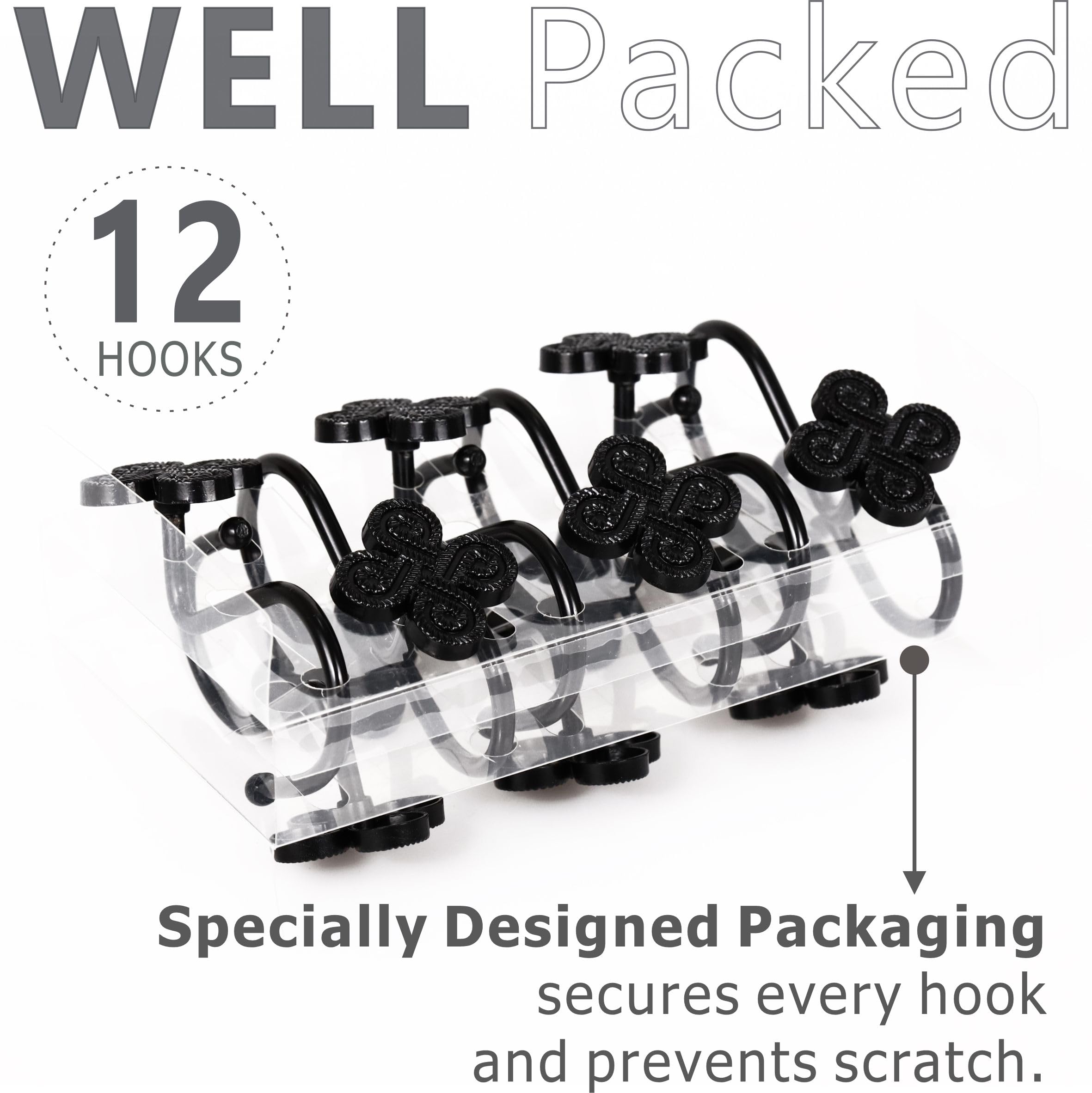 Rust-Proof Metal Shower Curtain Hooks - Set of 12 Black Flower Clover Design Bathroom Accessories for Shower Rod | Durable Decorative Hangers for Bath, Spa & Guest Room Decor