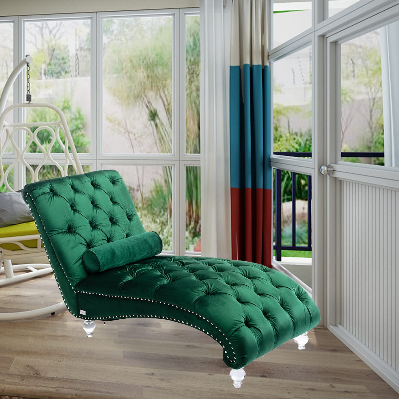Velvet Chaise Lounge Chair with Tufted Buttons & Toss Pillow - Upholstered Modern Sofa with Acrylic Feet for Living Room, Bedroom, Office - Emerald Green Lounge Chair for Relaxing, Reading & Napping