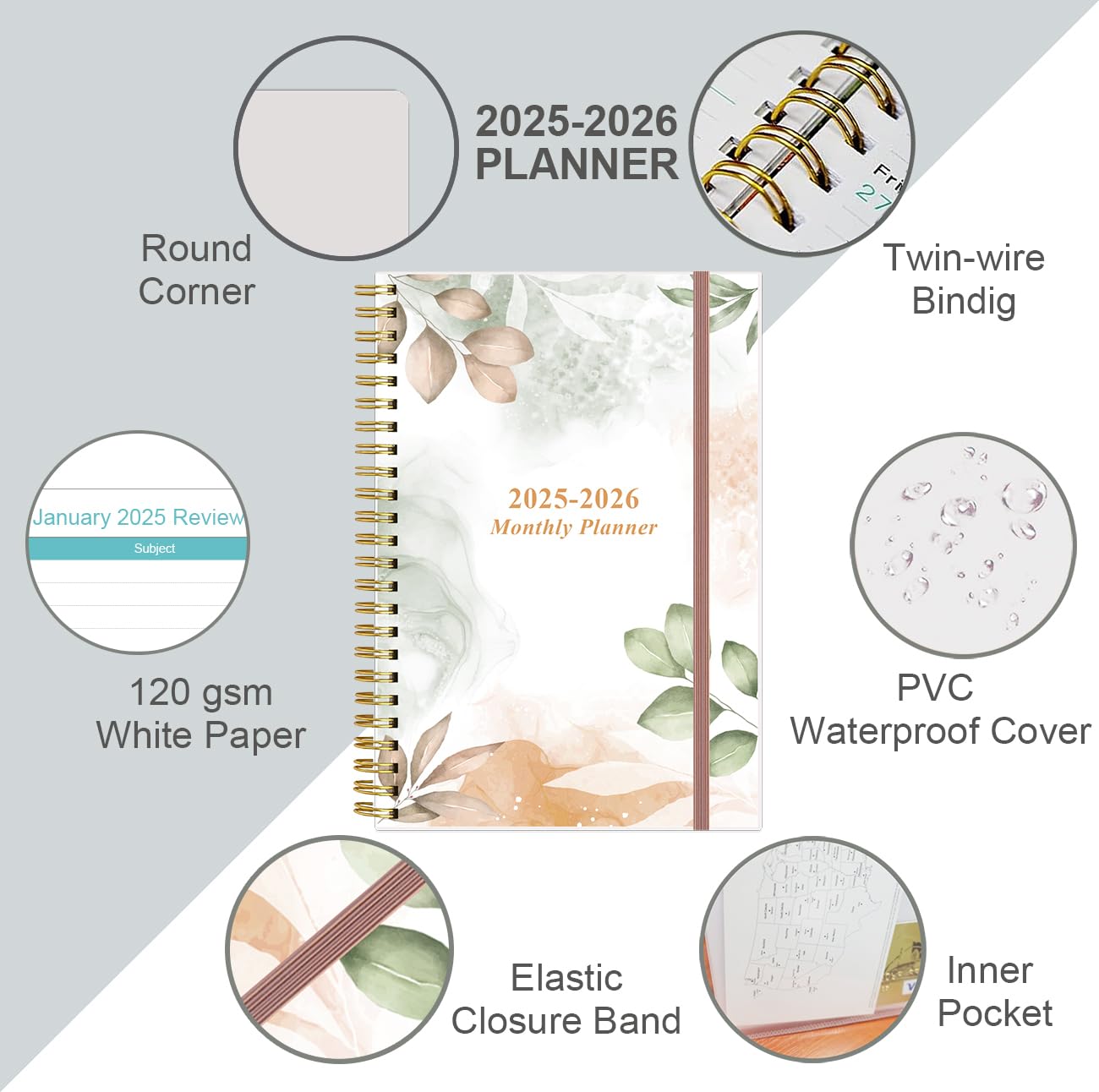 2025-2026 Monthly Planner - January 2025 to June 2026, 18-Month Calendar with Tabs, Twin-Wire Binding & Inner Pocket, 6.4