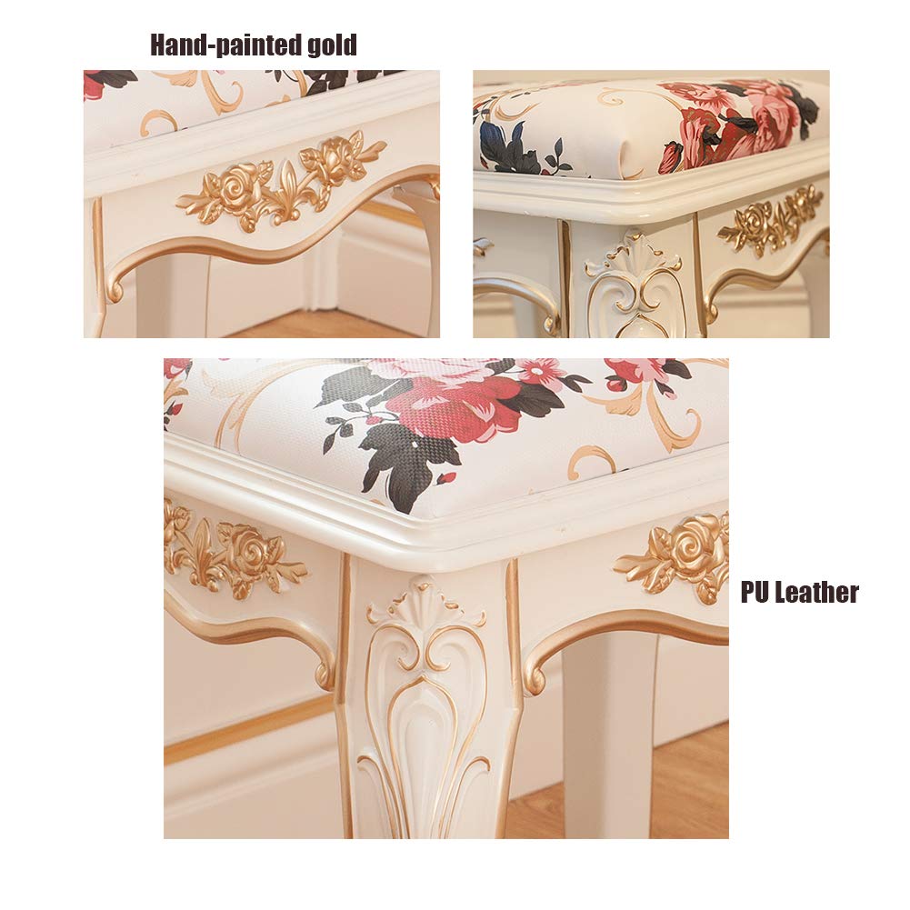 Baroque Style Vanity Bench with Upholstered Seat & Plastic Steel Legs - Padded Makeup Stool, Dressing Room Chair, Living Room Bench - High Resilience Sponge for Comfort - Perfect for Bedroom, Boudoir & Home Decor