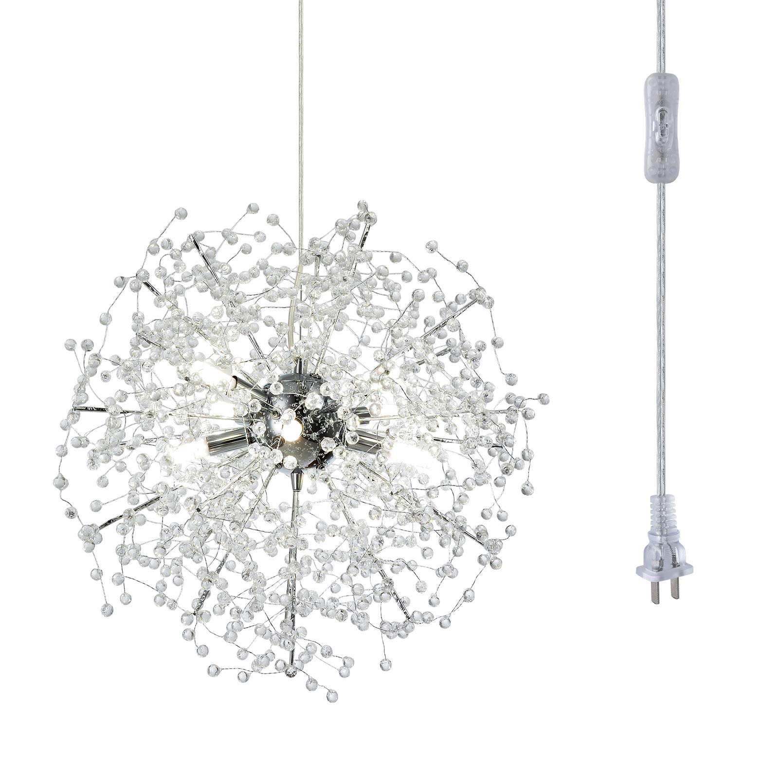Modern Crystal Sputnik Chandelier Plug-in Pendant Light Fixture - LED Firework Ceiling Light for Bedroom, Kitchen Island, Dining Room, Hallway & Entryway - Elegant Lighting for Home Decor & Interior Design