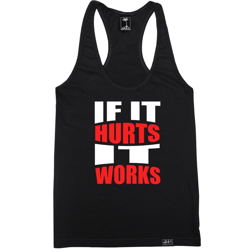 FTD Apparel Women's Workout Tank Top - 'If It Hurts It Works' Motivational Racerback Shirt for Gym, Running & Fitness Training