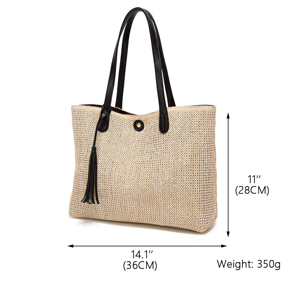 Women's Handwoven Straw Beach Tote Bag - Large Summer Leather Shoulder Bag with Tassel Decor | Perfect for Vacation, Poolside, and Outdoor Adventures