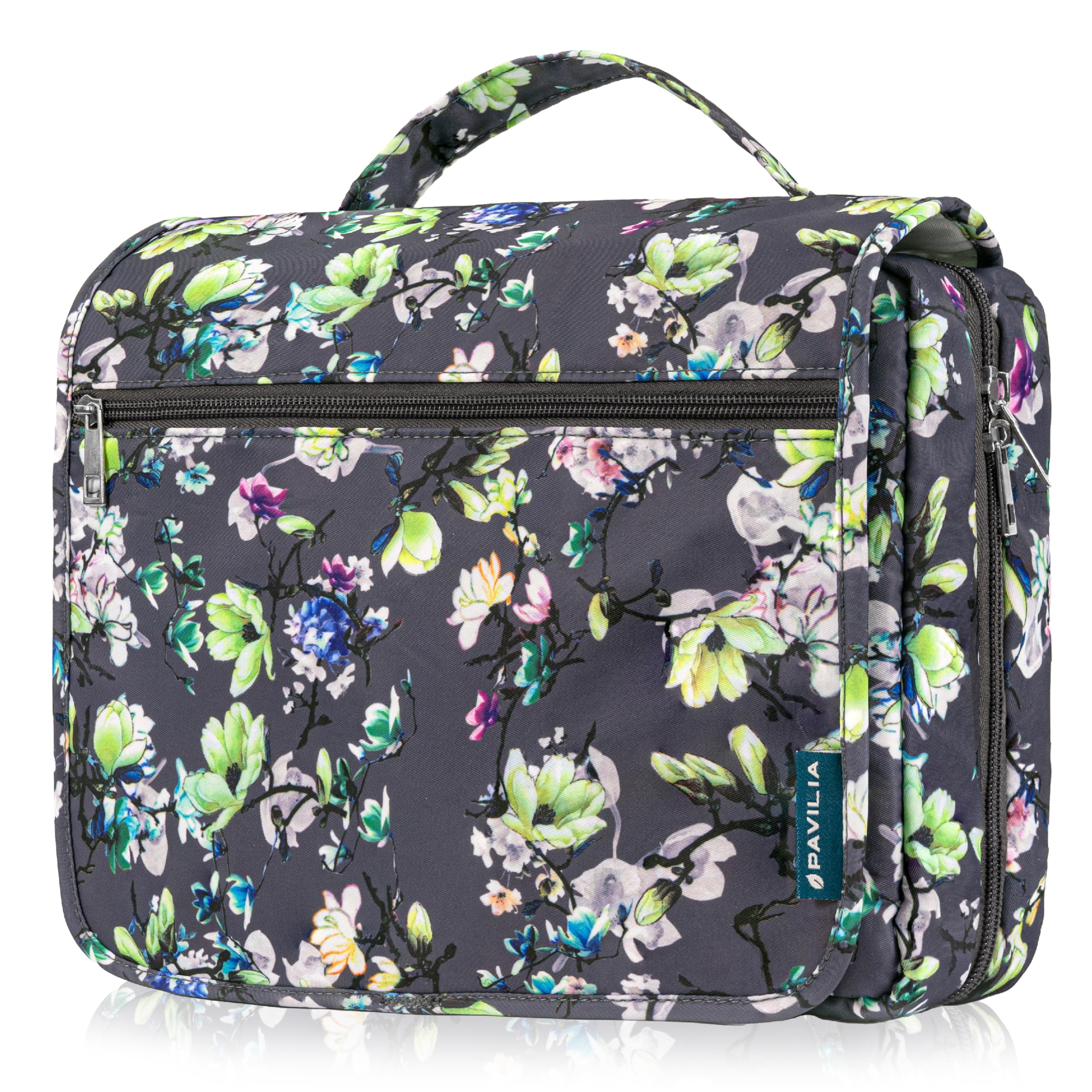 PAVILIA Hanging Toiletry Bag for Women & Men - Foldable Water-Resistant Cosmetic Organizer, Large Travel Makeup Bag with Multiple Pockets - Perfect for Camping, Gym, Business Trips & Vacation Essentials (Grey Floral)