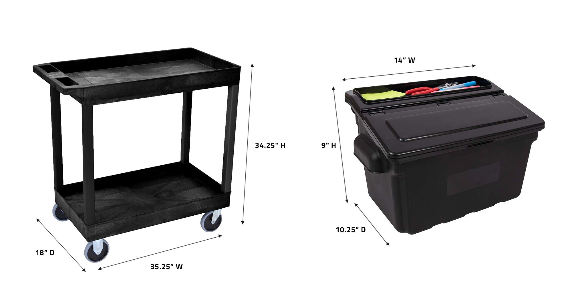 LUXOR EC11-B-OUTRIG Heavy Duty Plastic Utility Tub Cart with 2 Shelves & Outrigger Bins - 32