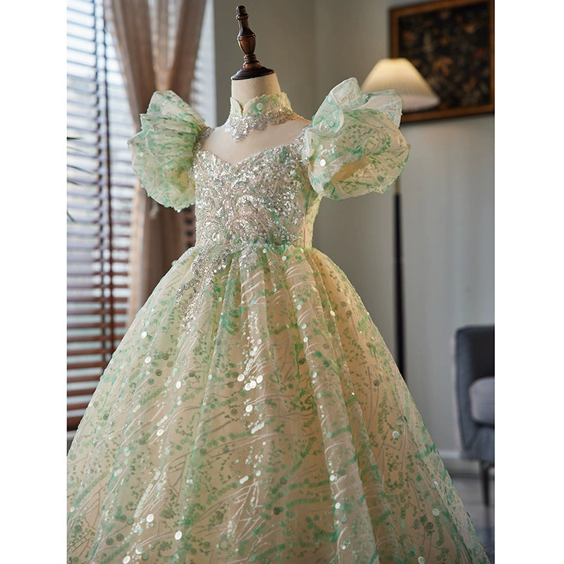Elegant Mint Green Organza Flower Girl Dress with Floor Length Princess Style - Perfect for Weddings, Pageants & Special Occasions