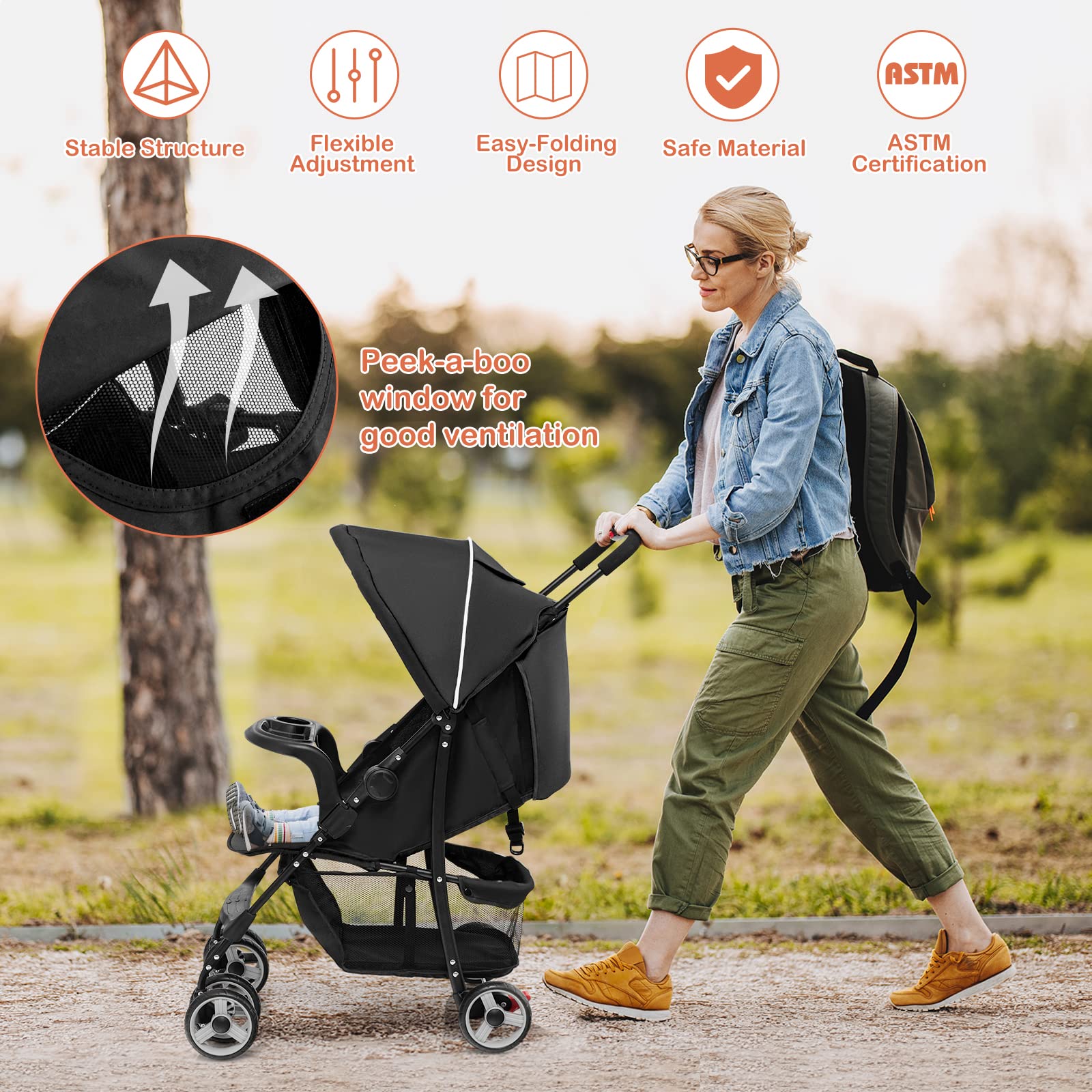 HONEY JOY Lightweight Compact Travel Stroller for Toddlers & Infants - Adjustable Canopy, Reclining Backrest, Storage Basket - Airplane Approved Foldable Umbrella Stroller (Black) | Perfect for Air Travel, Shopping, Walks & Daily Use