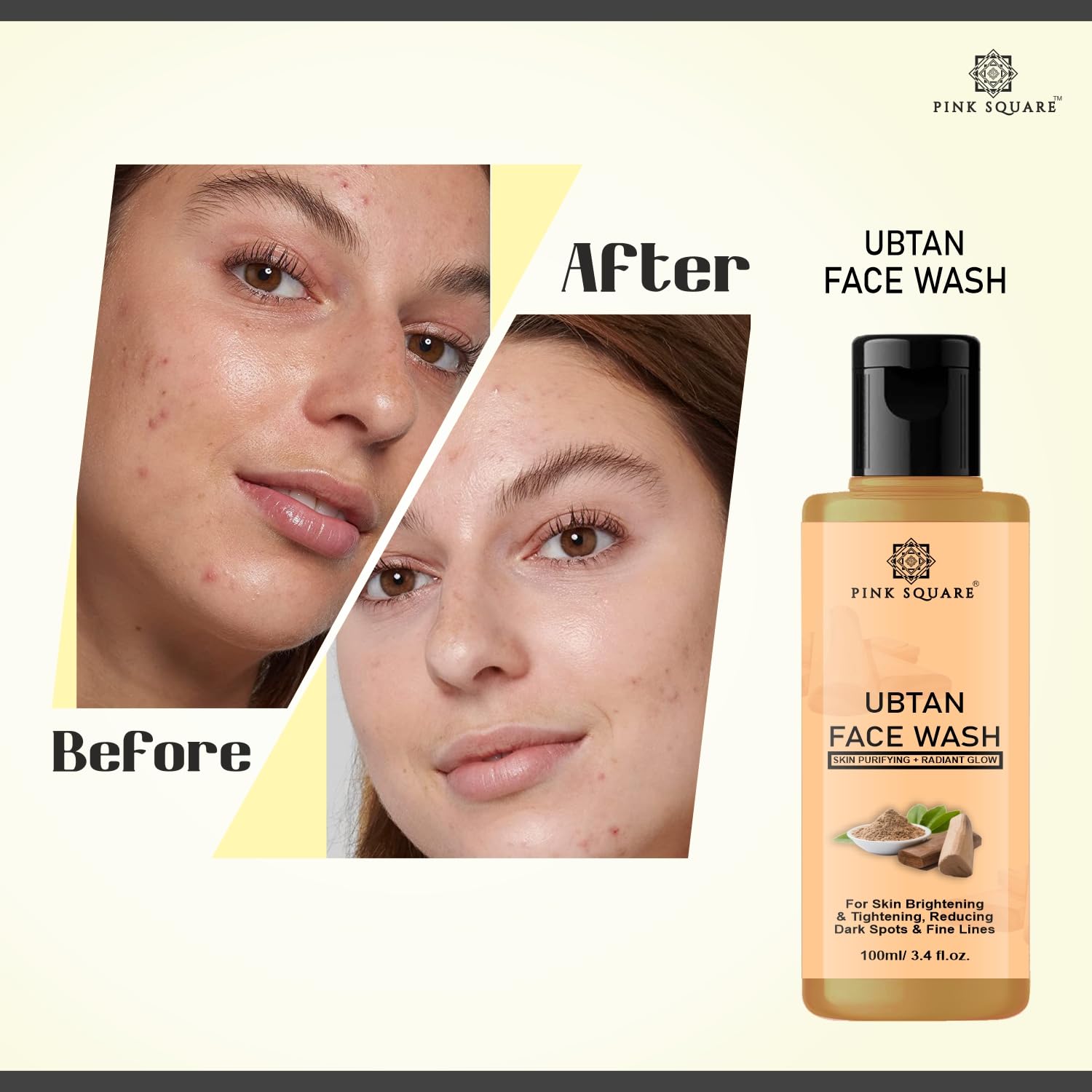 Pink Square Ubtan Face Wash for Tan Removal & Blemish Minimizing - Enriched with Saffron, Turmeric, Chickpea Flour & Walnut Beads - Brightens Complexion & Boosts Natural Glow - 2 Pack (100ML Each) - Perfect for Daily Skincare & Post-Sun Care Routine