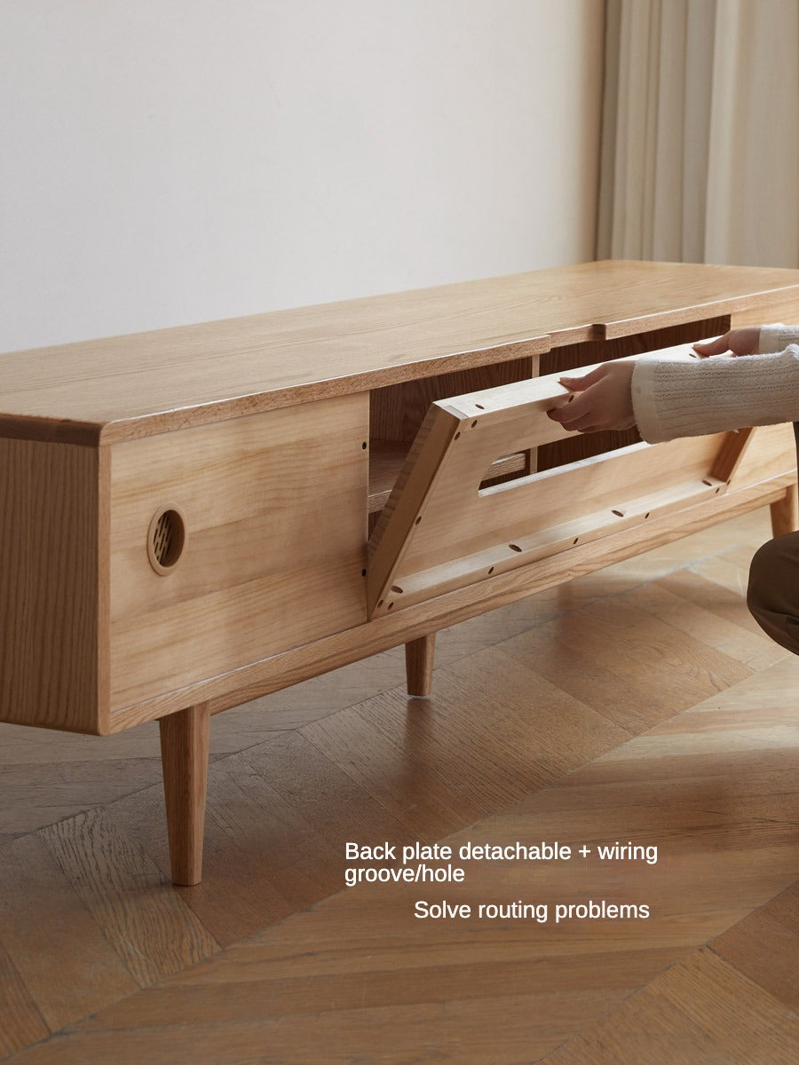 Solid Oak Wood TV Stand with Sliding Doors - Modern Entertainment Center for Living Room, Bedroom & Home Theater