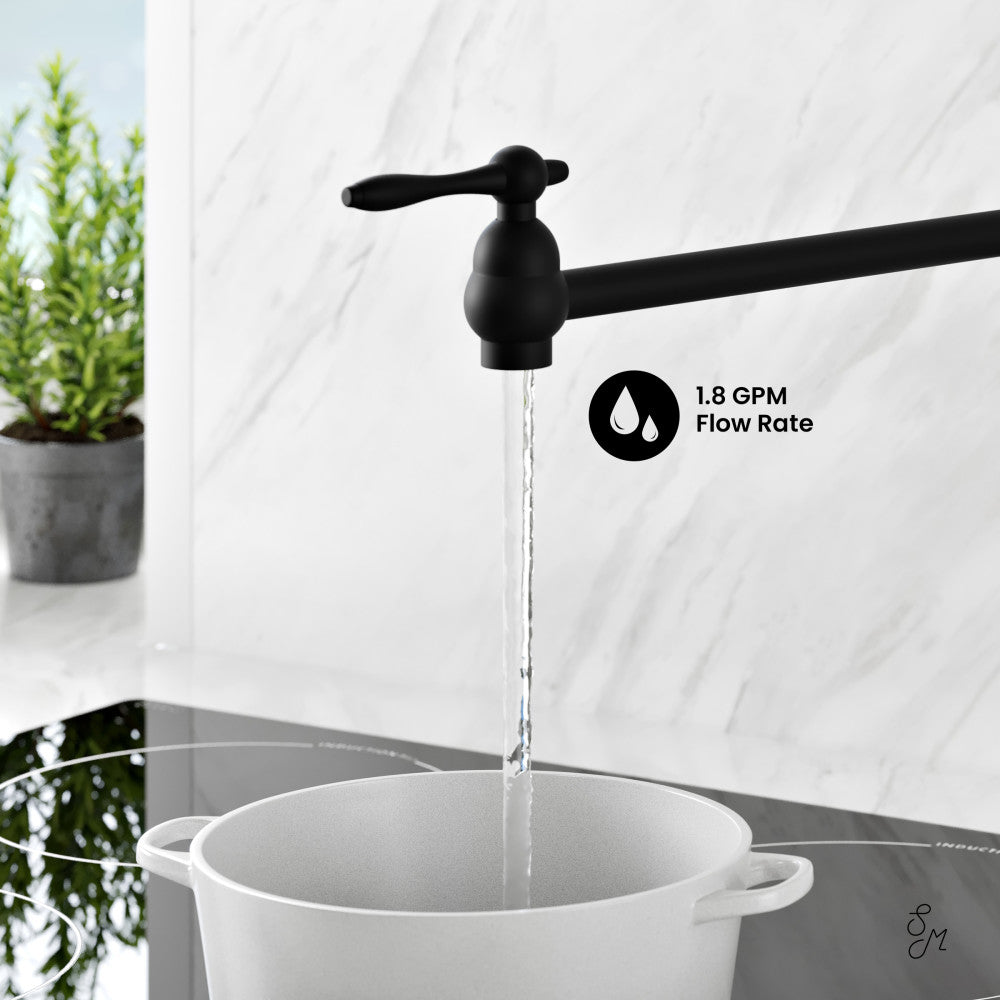 Matte Black Retractable Wall Mount Pot Filler Faucet - Premium Kitchen Sink Accessory for Cooking & Filling Large Pots
