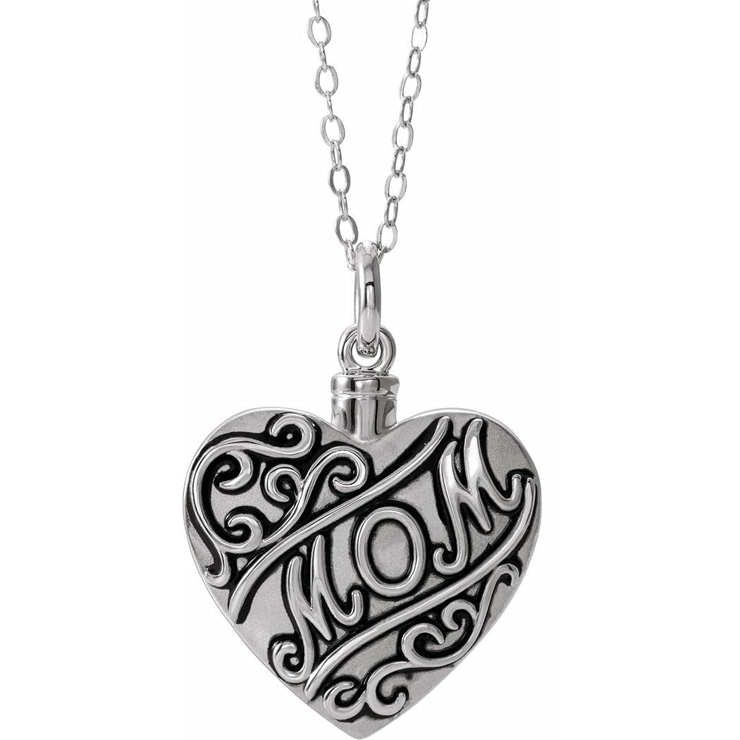 925 Sterling Silver Polished Mom Love Heart Ash Holder Necklace - Elegant Memorial Jewelry Gift for Women, Mothers, Wives - Perfect for Remembrance, Funeral, Anniversary & Special Occasions