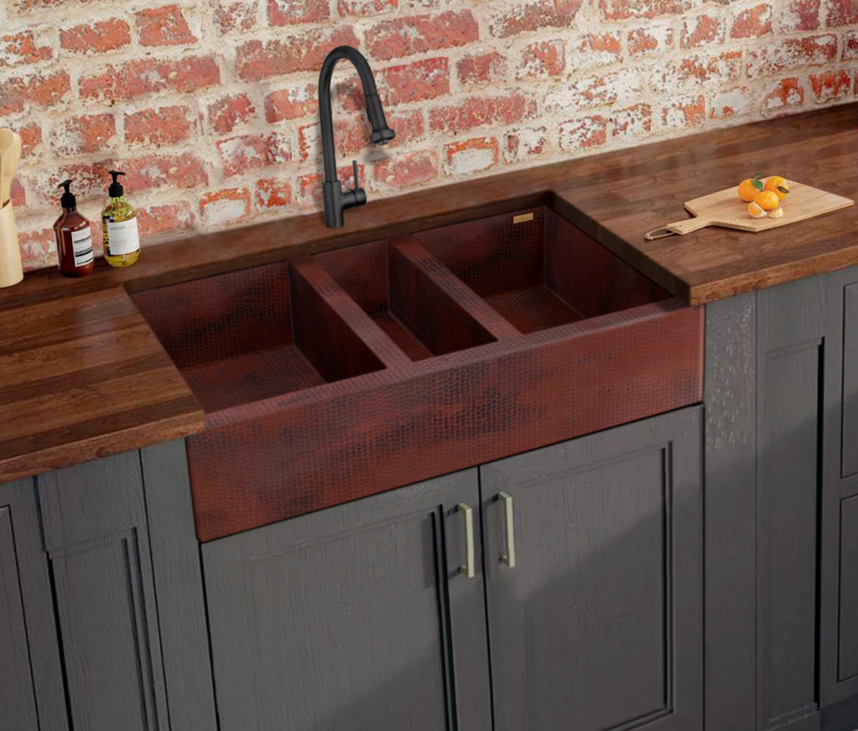 Extra Large Copper Farmhouse Sink with Triple Bowl - Vintage Style Kitchen Sink for Rustic & Modern Homes - Perfect for Cooking, Cleaning & Entertaining