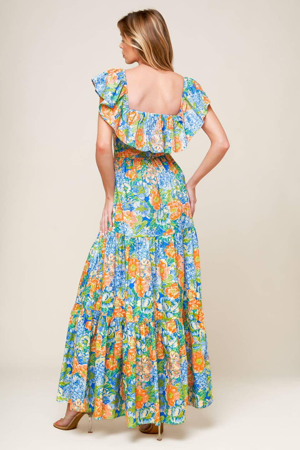 Elegant Coral & Powder Blue Maxi Dress for Women - Perfect for Garden Parties, Weddings & Summer Outings