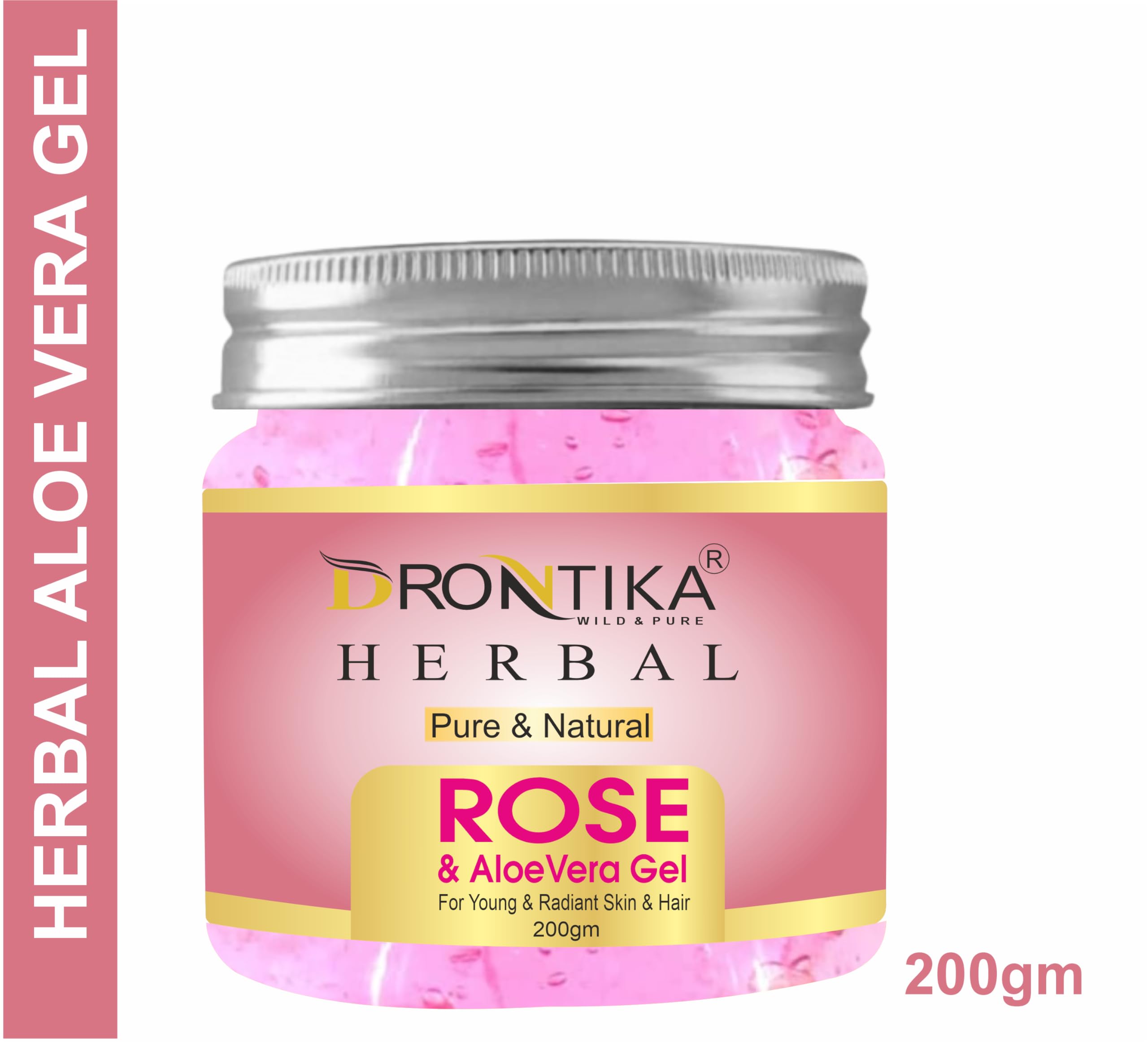 Drontika Herbal Rose Multipurpose Gel for Skin & Hair Care - Hydrating & Soothing with Hyaluronic Acid, Hibiscus, Aloe Vera & Rose Extract | Vegan, Cruelty-Free, 200g | Perfect for Dry Skin, Hair Mask & After-Sun Care