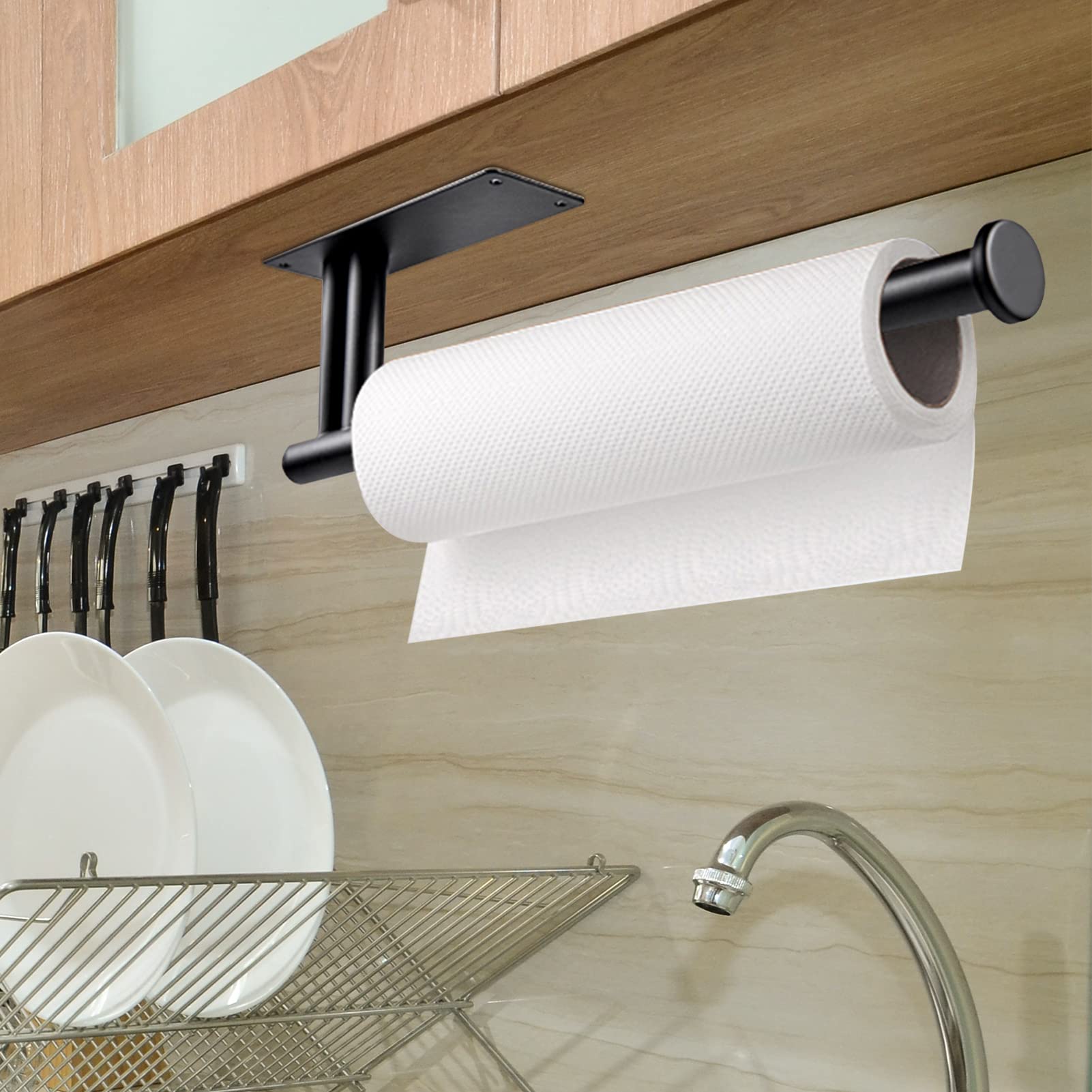 2-Pack Under Cabinet Paper Towel Holder - Upgraded Stainless Steel with Dual Rods, Wall Mount or Countertop Installation (Self-Adhesive & Drill Options) - Black - Perfect for Kitchen, Bathroom, Office & RV Organization
