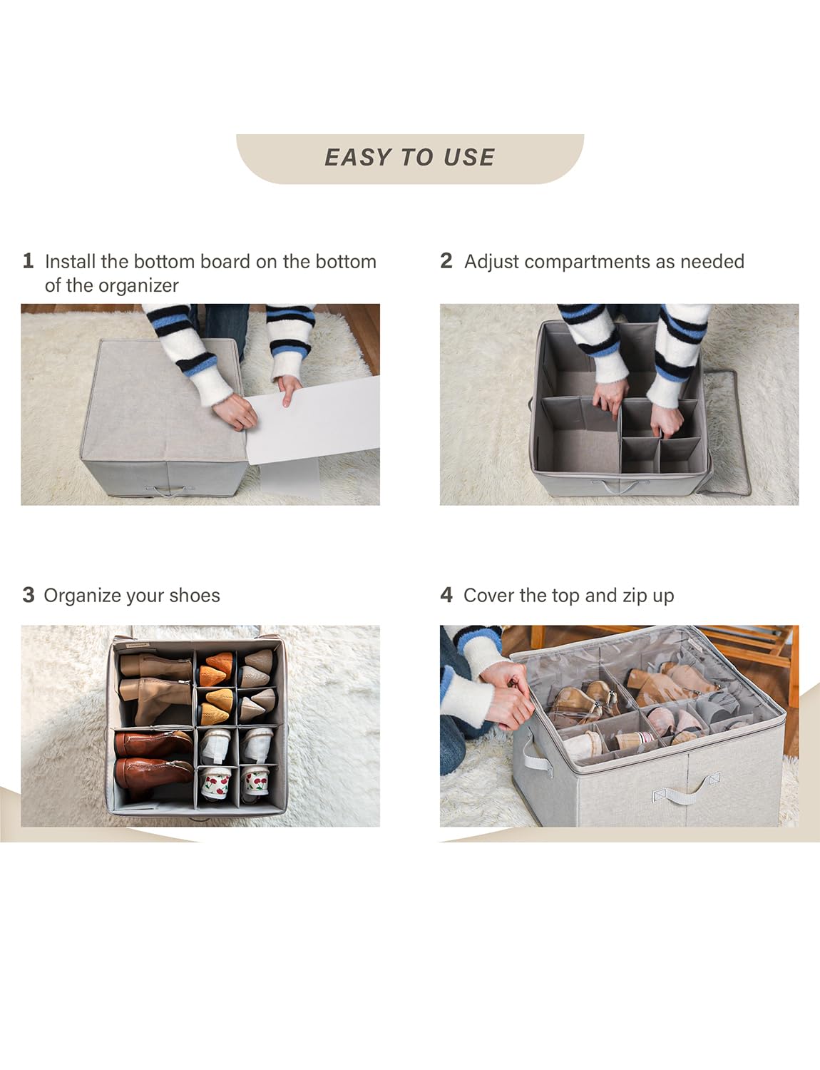 StorageWorks 16-Pair Shoe Organizer for Closet - Adjustable Dividers & Clear Cover - Brown & Beige Shoe Cubby Storage - Perfect for Bedroom, Entryway, or Dorm Organization