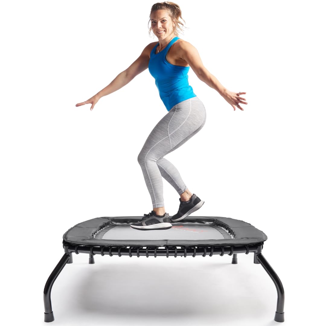 Sunny Health & Fitness Springless Mini Trampoline - Adjustable Bungee Rebounder for Home Workouts | Quiet & Safe Indoor/Outdoor Exercise Equipment for Cardio, Weight Loss & Family Fitness