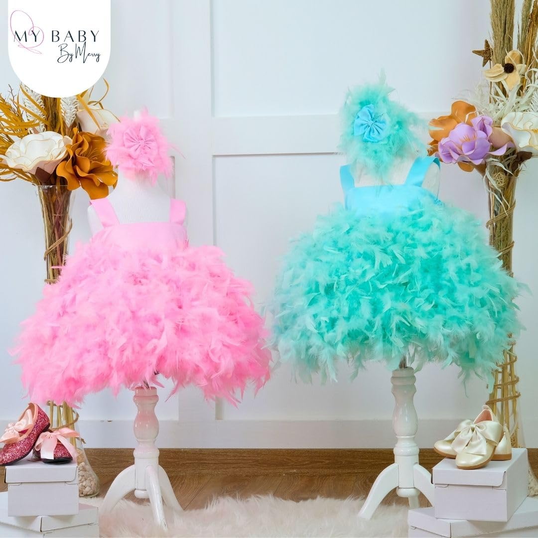 Elegant Pink Feather Cupcake Pageant Dress for Baby Girls 12-18 Months - Sleeveless Floral Maxi Dress for Birthday, Holiday & Special Occasions - Toddler Girl's Fancy Party Outfit