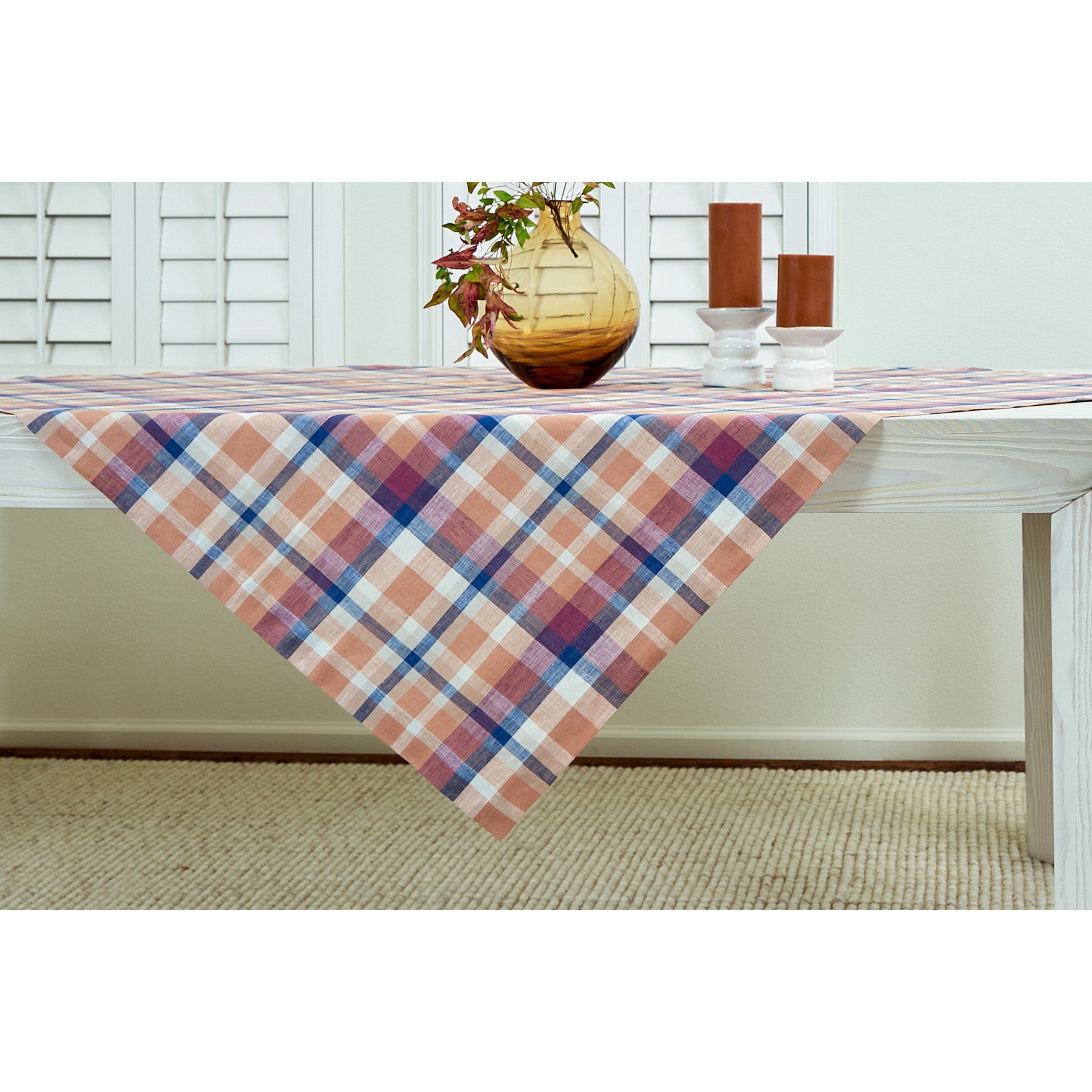 Fall Flavors Madras Table Throw - Stylish and Durable Table Cover for Autumn Decor, Thanksgiving, and Seasonal Home Styling