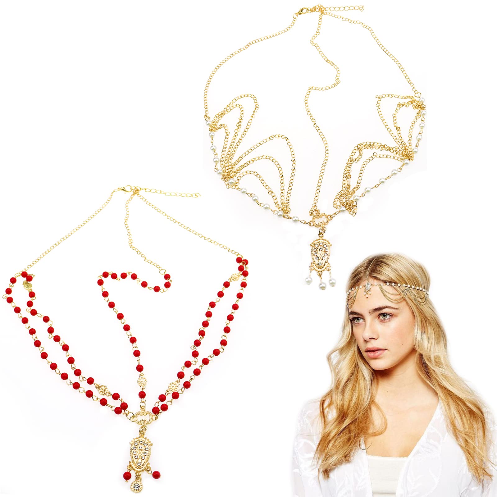 Vintage Layered Bridal Head Chain with Bead Pendant - 2 Pcs Gold & Red Forehead Band Hair Accessories for Women and Girls - Perfect for Weddings, Boho Parties, and Festival Outfits