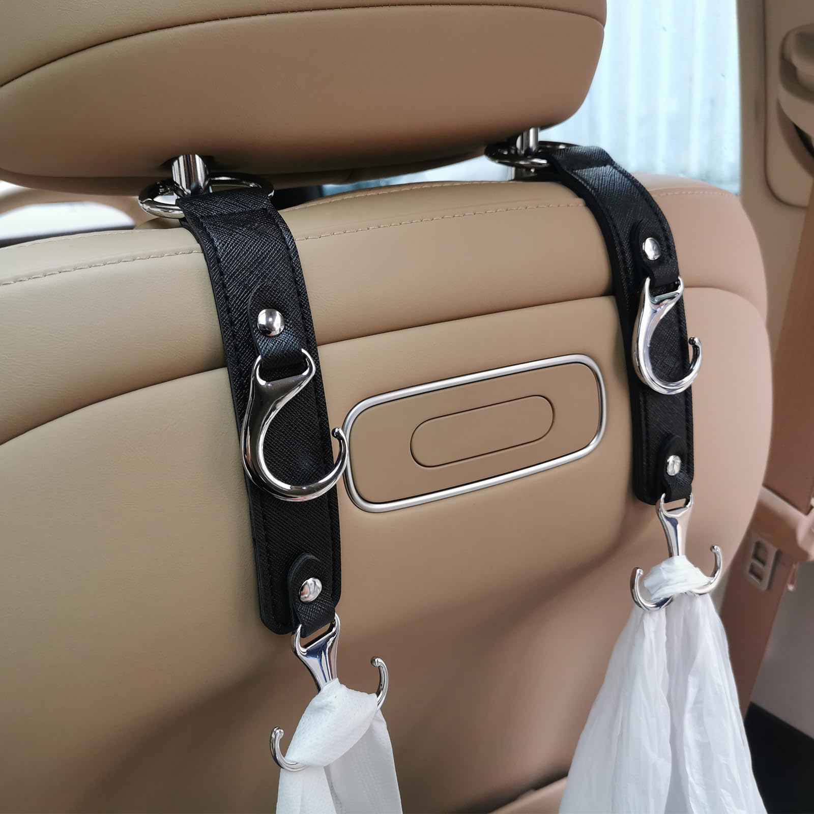 Premium Black Faux Leather Car Headrest Hooks - Heavy Duty Back Seat Organizer Hanger for Purses, Bags, Coats & Umbrellas | Universal Car Accessories for Men & Women | Perfect for Grocery Shopping, Road Trips & Daily Commute