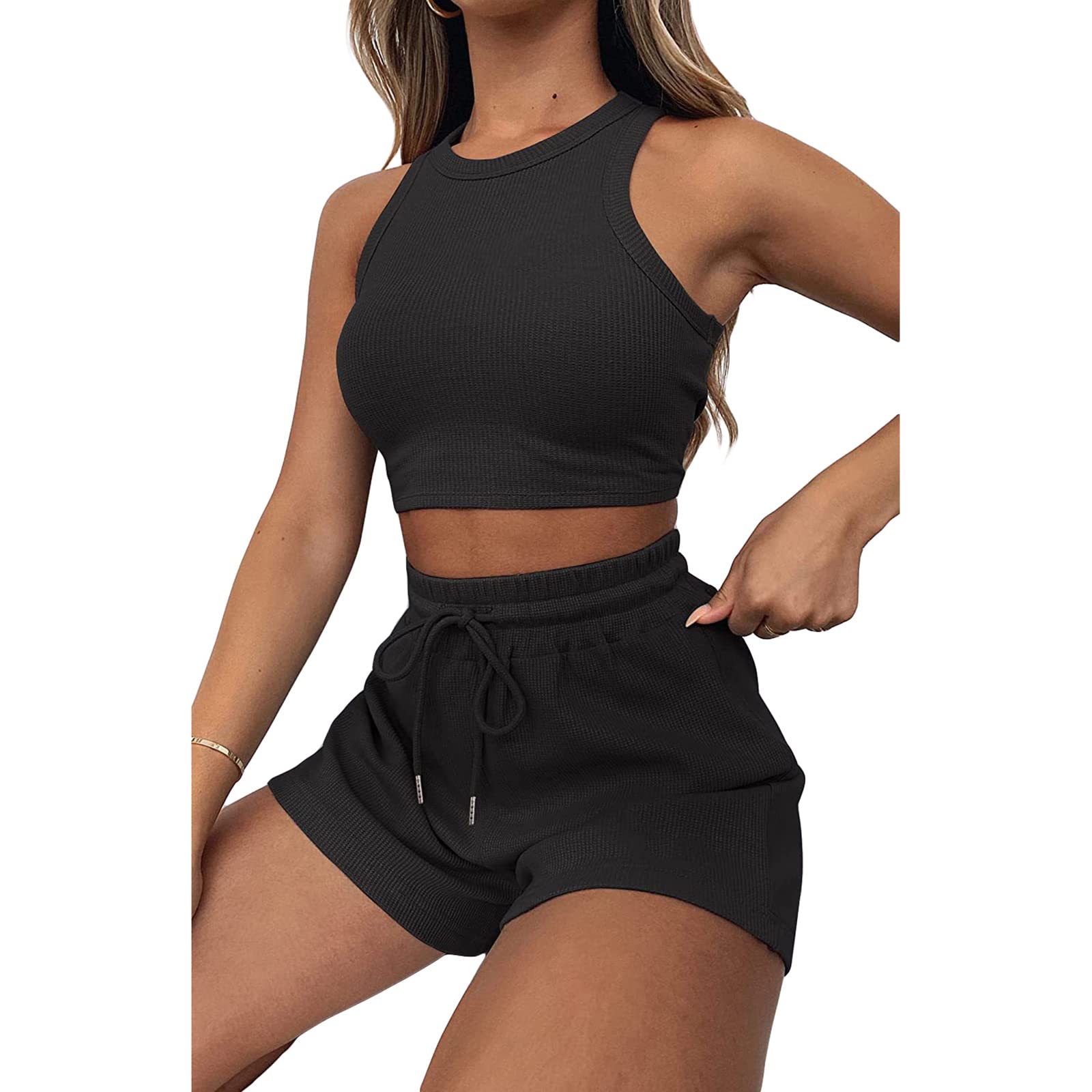 Women's Waffle Knit Crop Tank Top & Shorts Set - Summer Lounge Wear, Casual Two-Piece Outfit for Home, Yoga, and Beach - Comfortable Tracksuit for Women