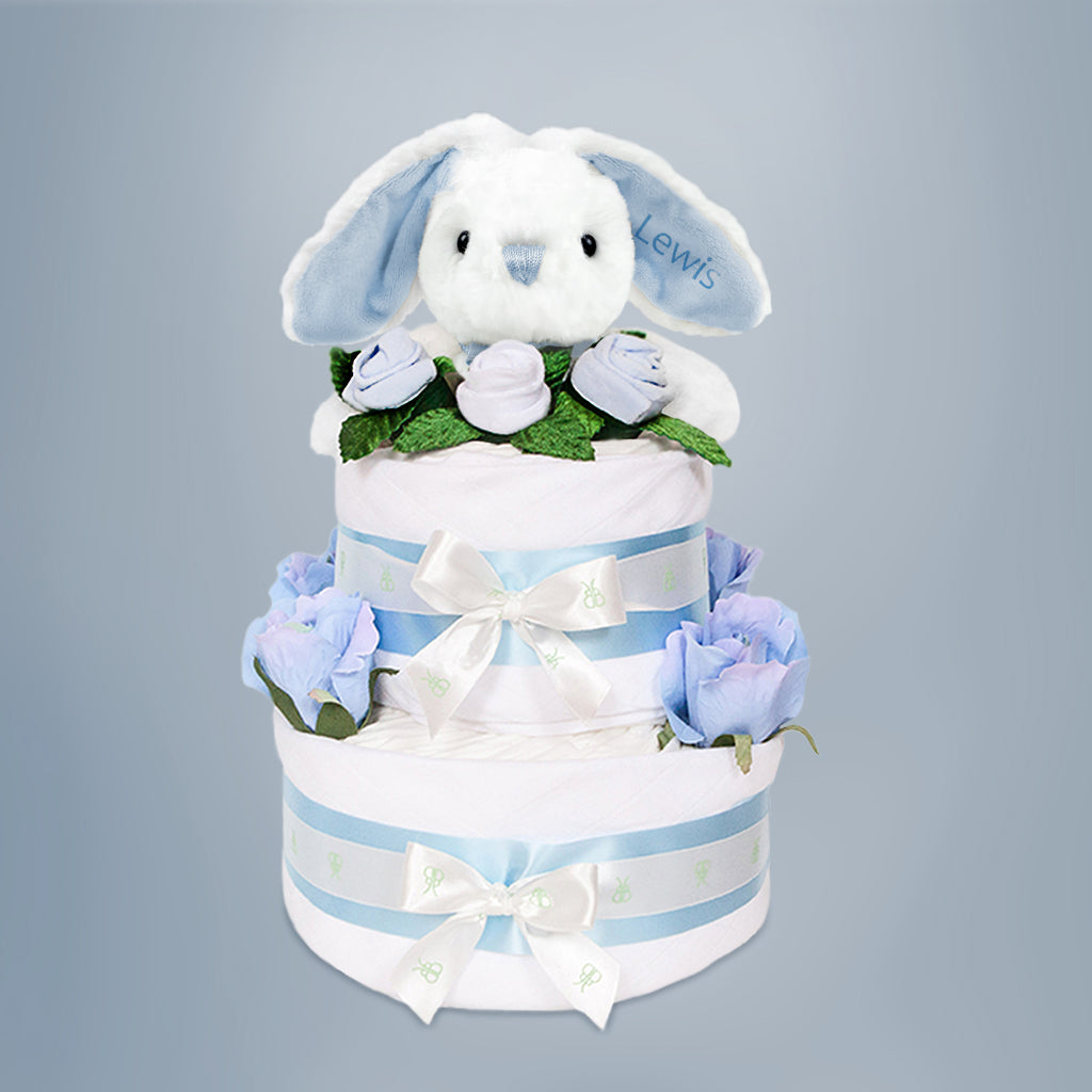 Personalized Little Blue Bunny Two-Tier Diaper Cake - Perfect Baby Shower Gift for Boys & Girls - Nursery Decor, Newborn Celebration, Gender Reveal Party