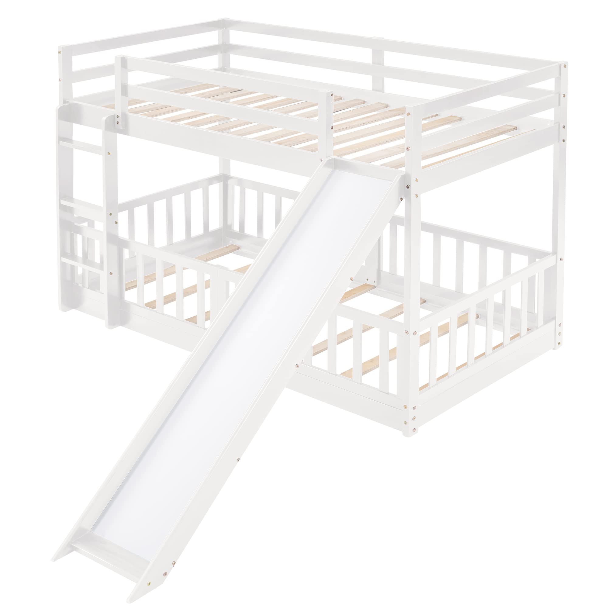 Kids Bunk Beds with Slide - Twin Over Twin Low Bunk Bed with Safety Fence | Wooden Bed Frame for Boys & Girls | Perfect for Small Bedrooms & Playrooms (White)
