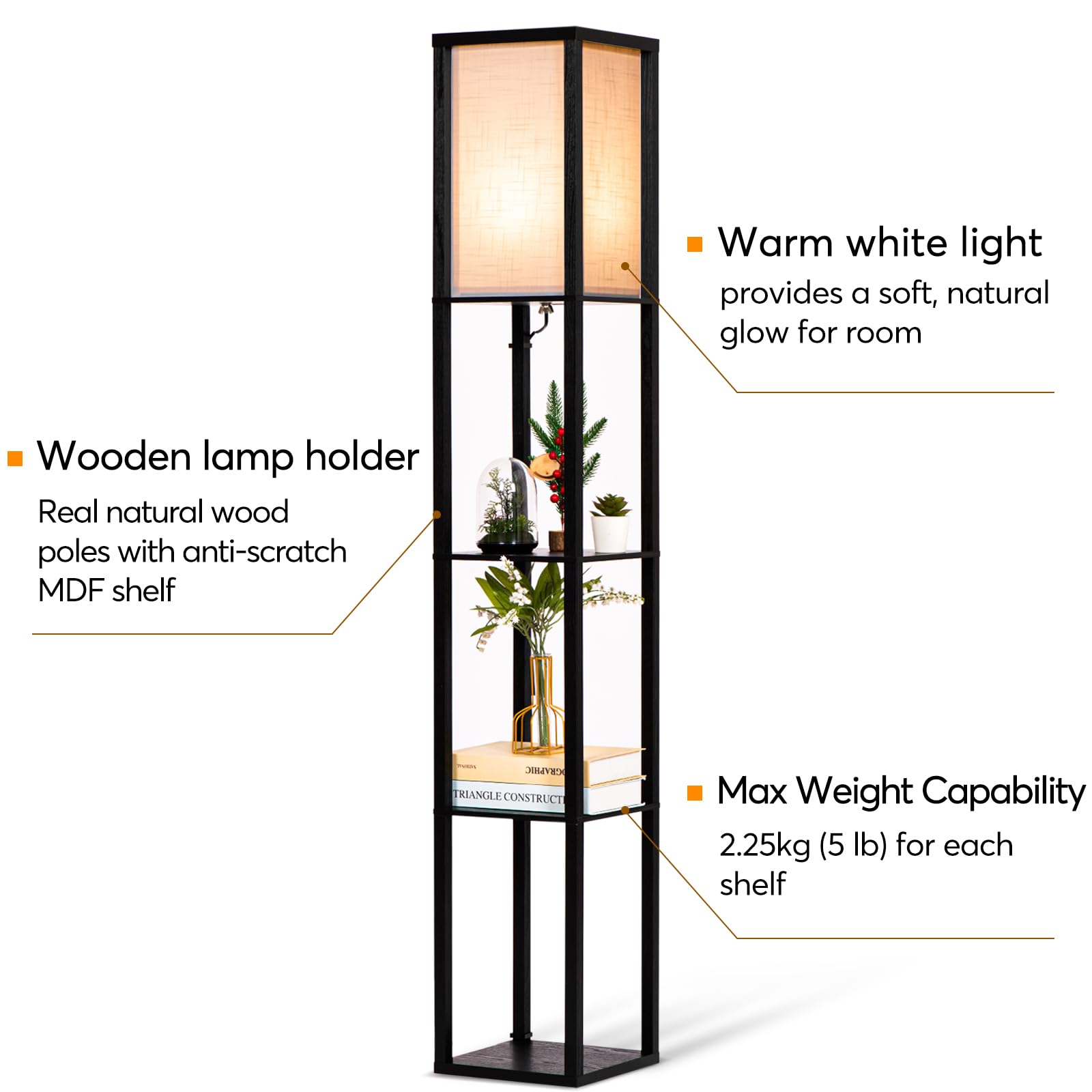 Modern 3-Tier LED Floor Lamp with Shelves - Black Standing Light for Living Room, Bedroom & Office - Perfect for Reading, Decor & Space Saving - Ideal for Small Spaces, Nighttime Reading & Home Office Lighting